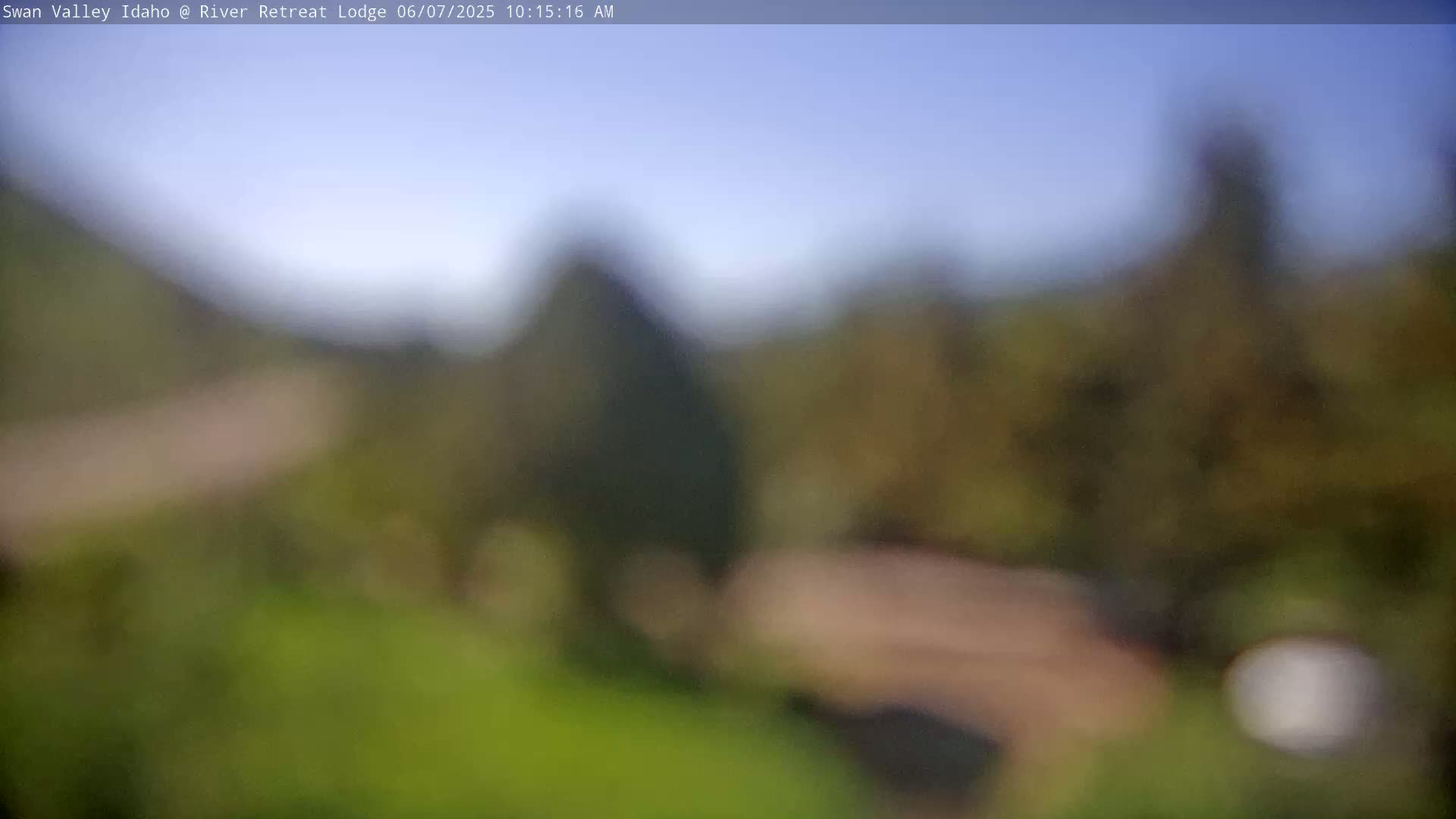 A blurry image shows a mostly green landscape under a clear blue sky.