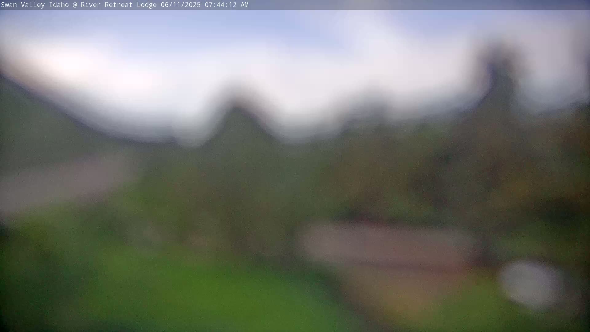 A blurry image shows a hazy, overcast sky above a muted green landscape with indistinct structures.