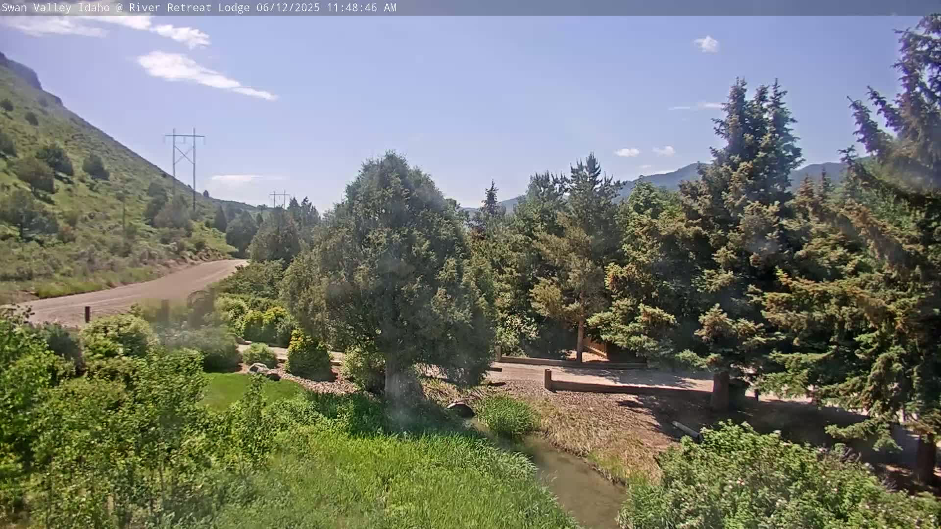 A gravel road winds through a lush green valley alongside a small stream, under a partly sunny sky.