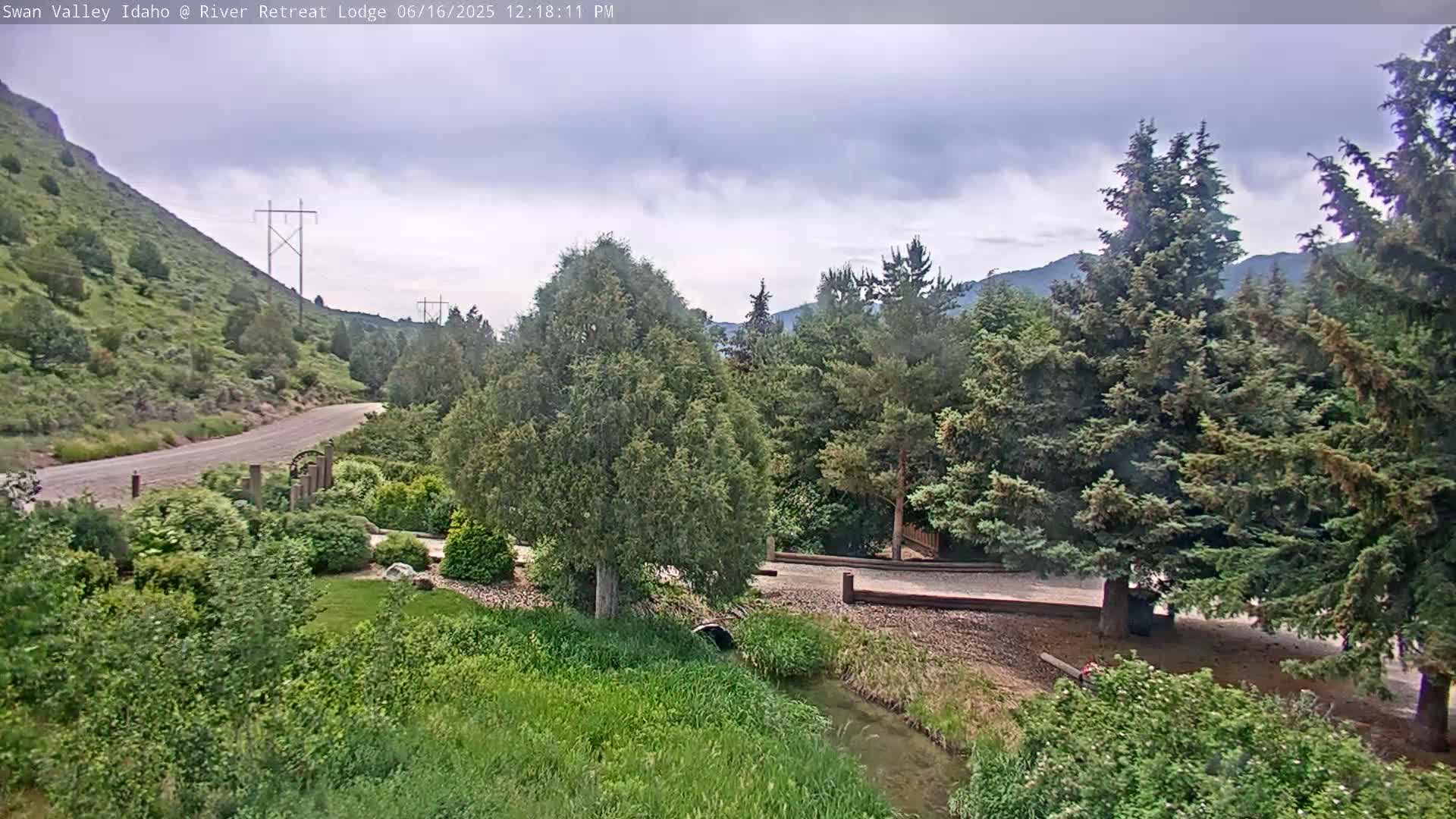 A gravel road curves through a lush green landscape under a partly cloudy sky, leading to a small stream and a grouping of evergreen trees.