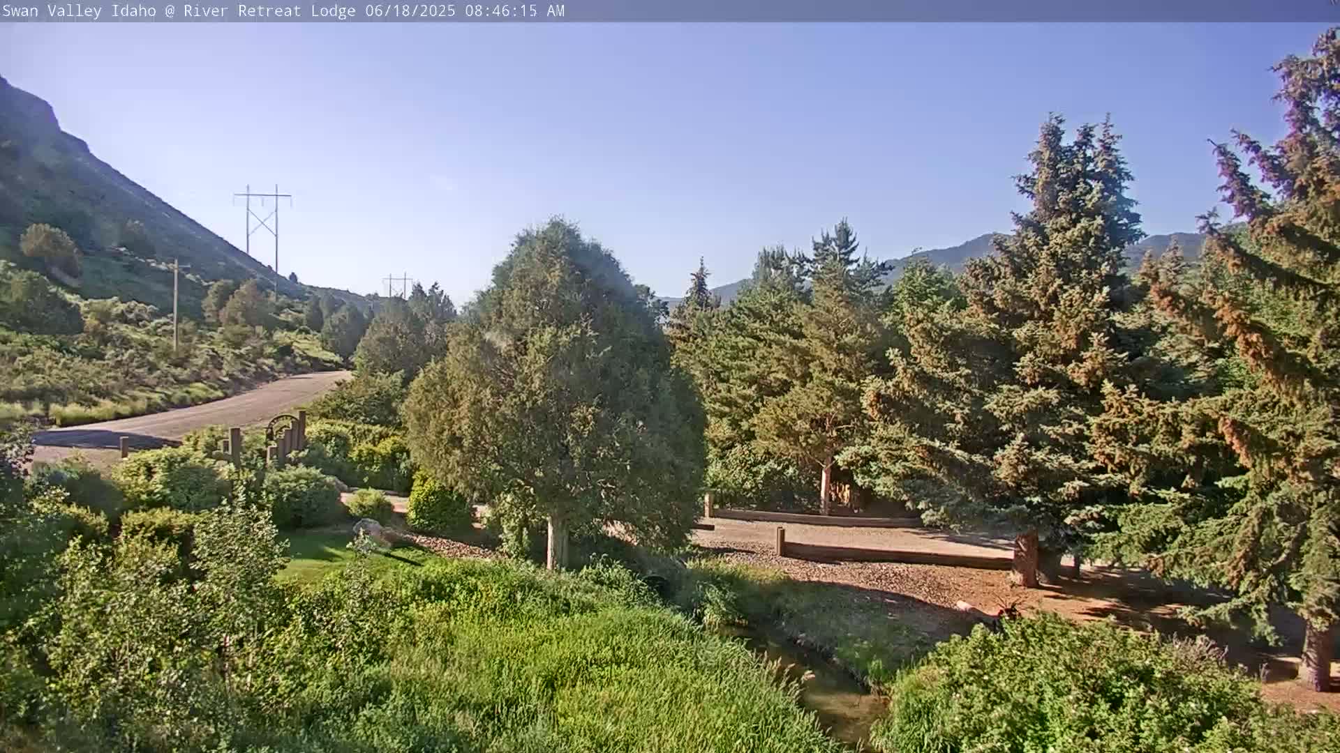 A paved road curves around a hillside, passing through a lush green landscape with evergreen trees and a small stream, under a clear blue sky.
