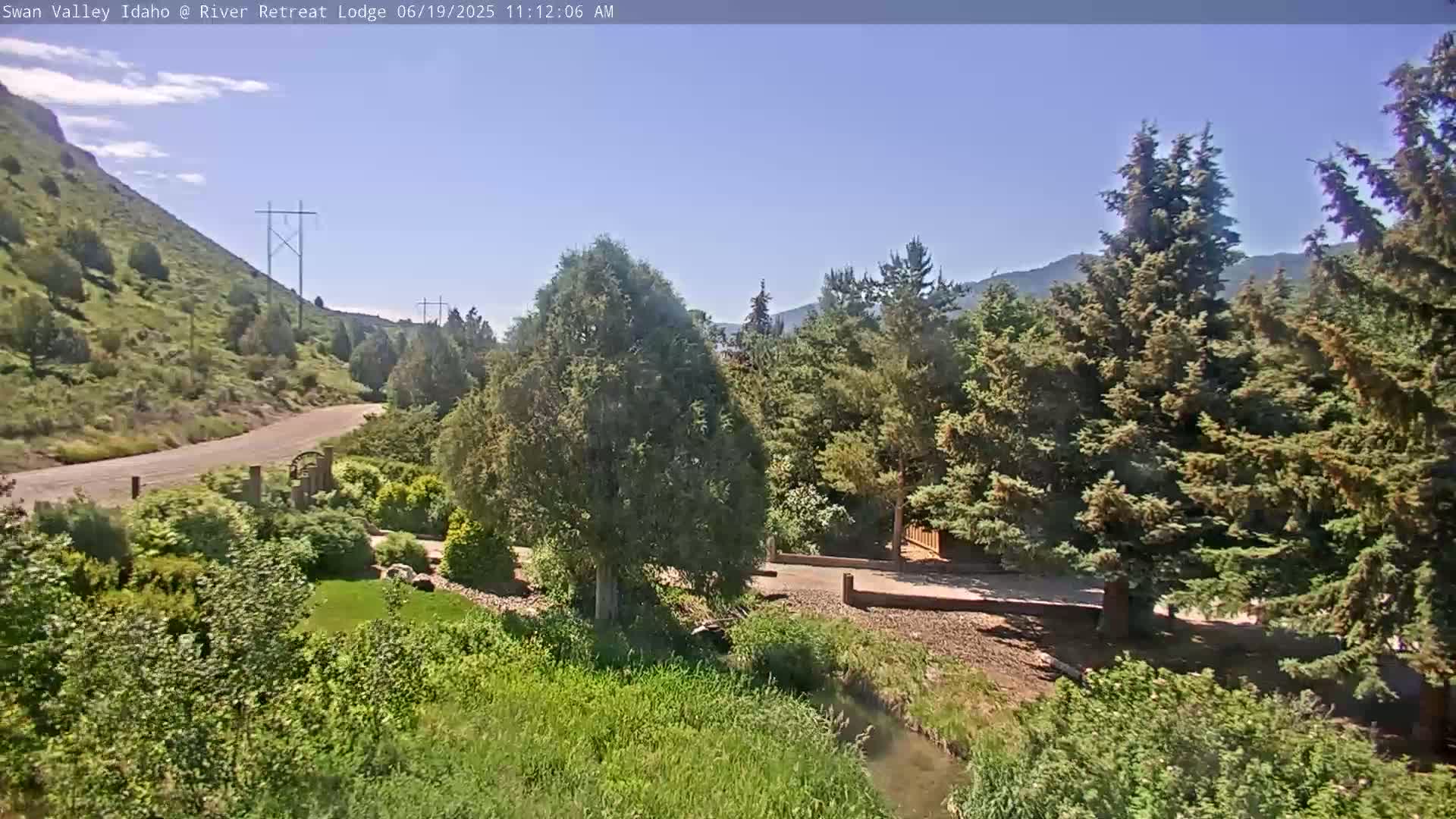 A gravel road winds through a lush green landscape under a clear blue sky, alongside a calm stream, with tall evergreen trees and a hillside in the background.