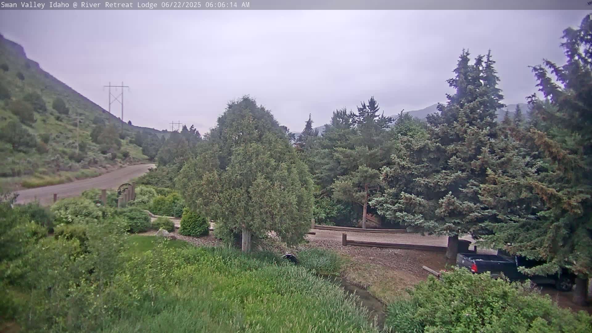A gravel road winds through a green valley with evergreen trees under an overcast sky, next to a small stream.