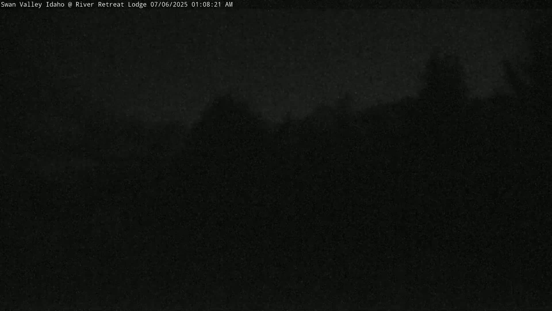A dark, nighttime scene shows a silhouetted line of trees or vegetation under a cloudy sky.