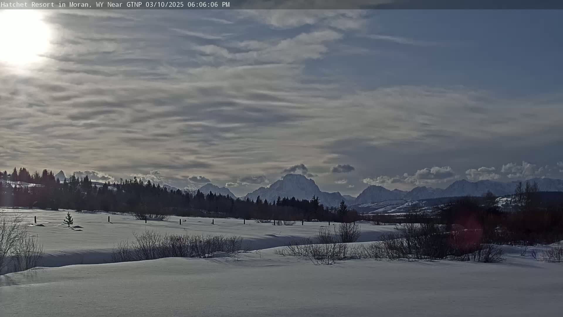 A snow-covered field with bare bushes and trees in the foreground, and a mountain range in the background under a partly cloudy sky.