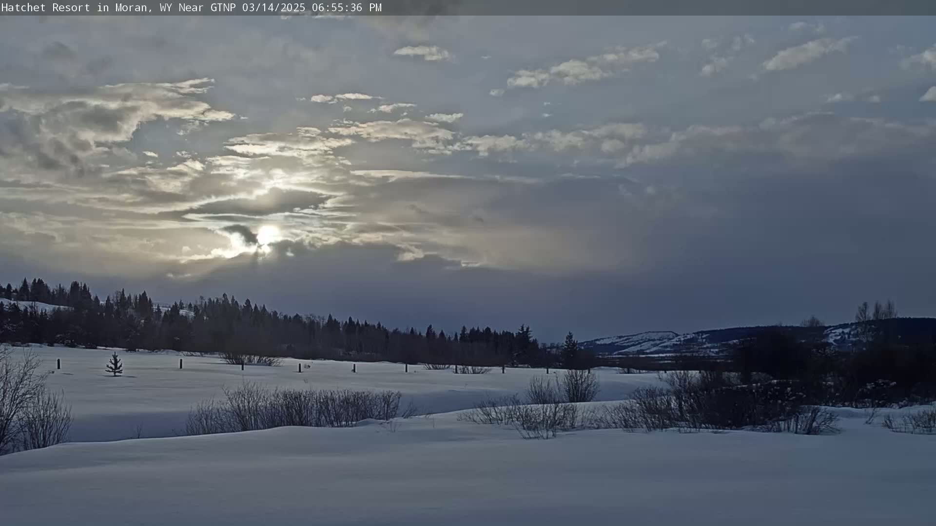 A partly cloudy sunset shines over a snow-covered field and distant treeline.