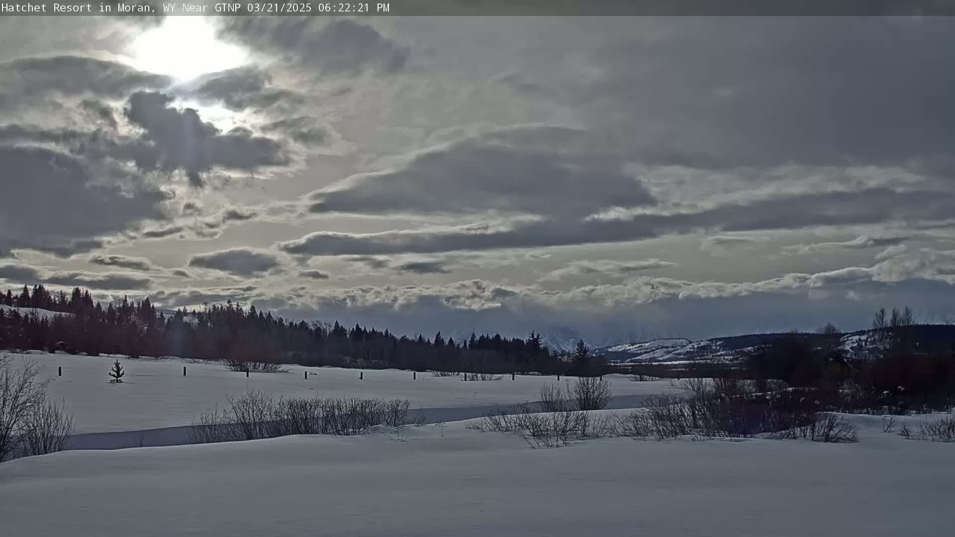 A snow-covered field with dark trees in the background under a mostly cloudy sky, with the sun partially visible.