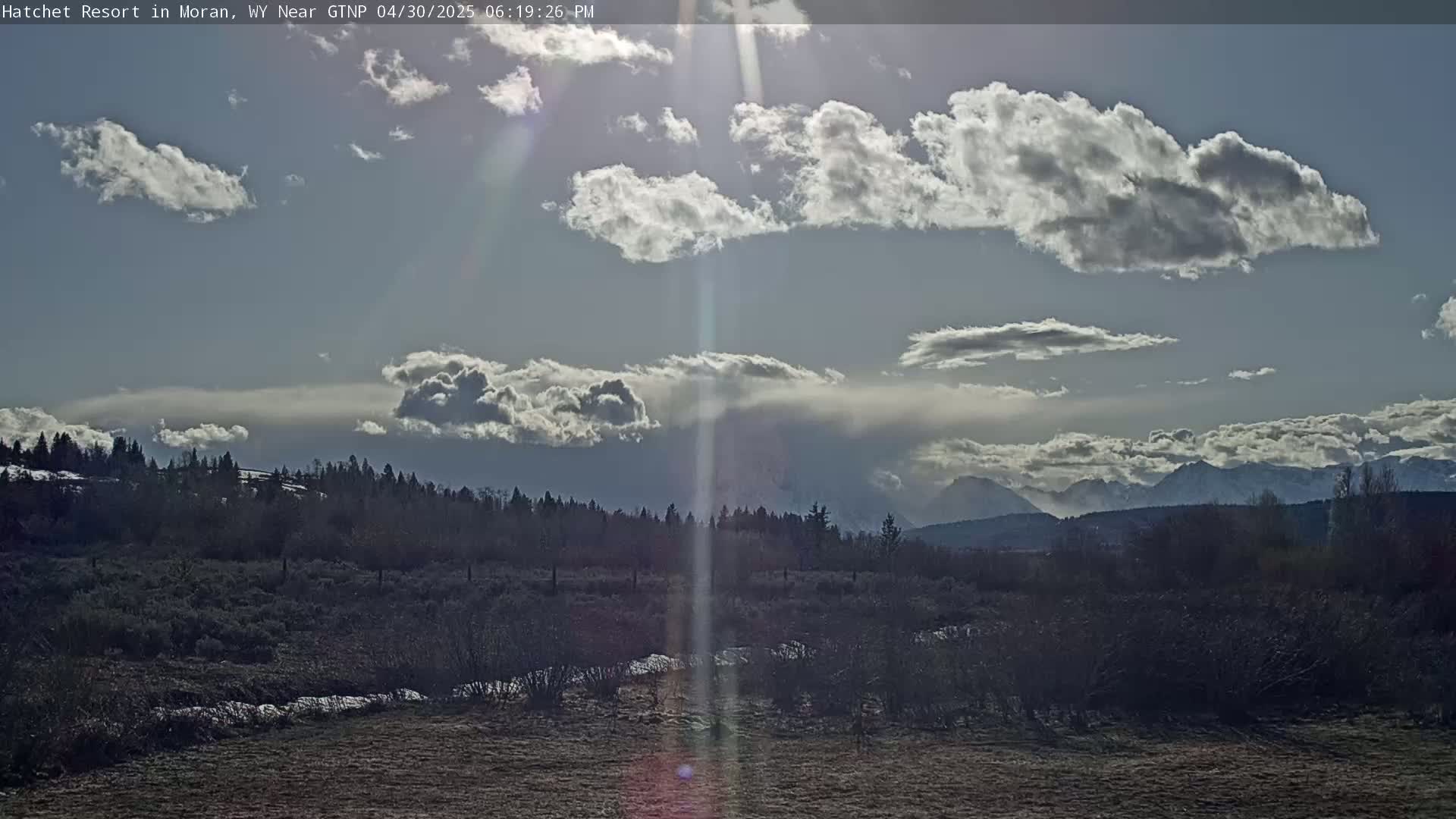 A partly cloudy, sunny day reveals snow-capped mountains in the distance behind a flat, scrubby landscape and a line of dark trees.