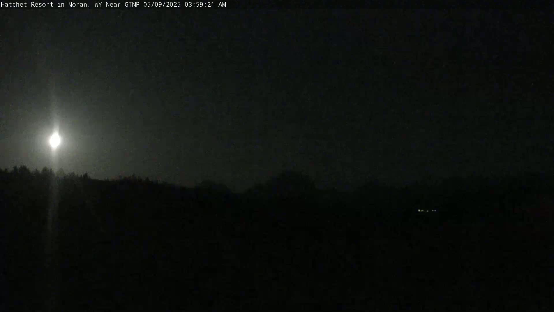 A bright moon illuminates a dark, nighttime landscape of trees and a few distant lights.