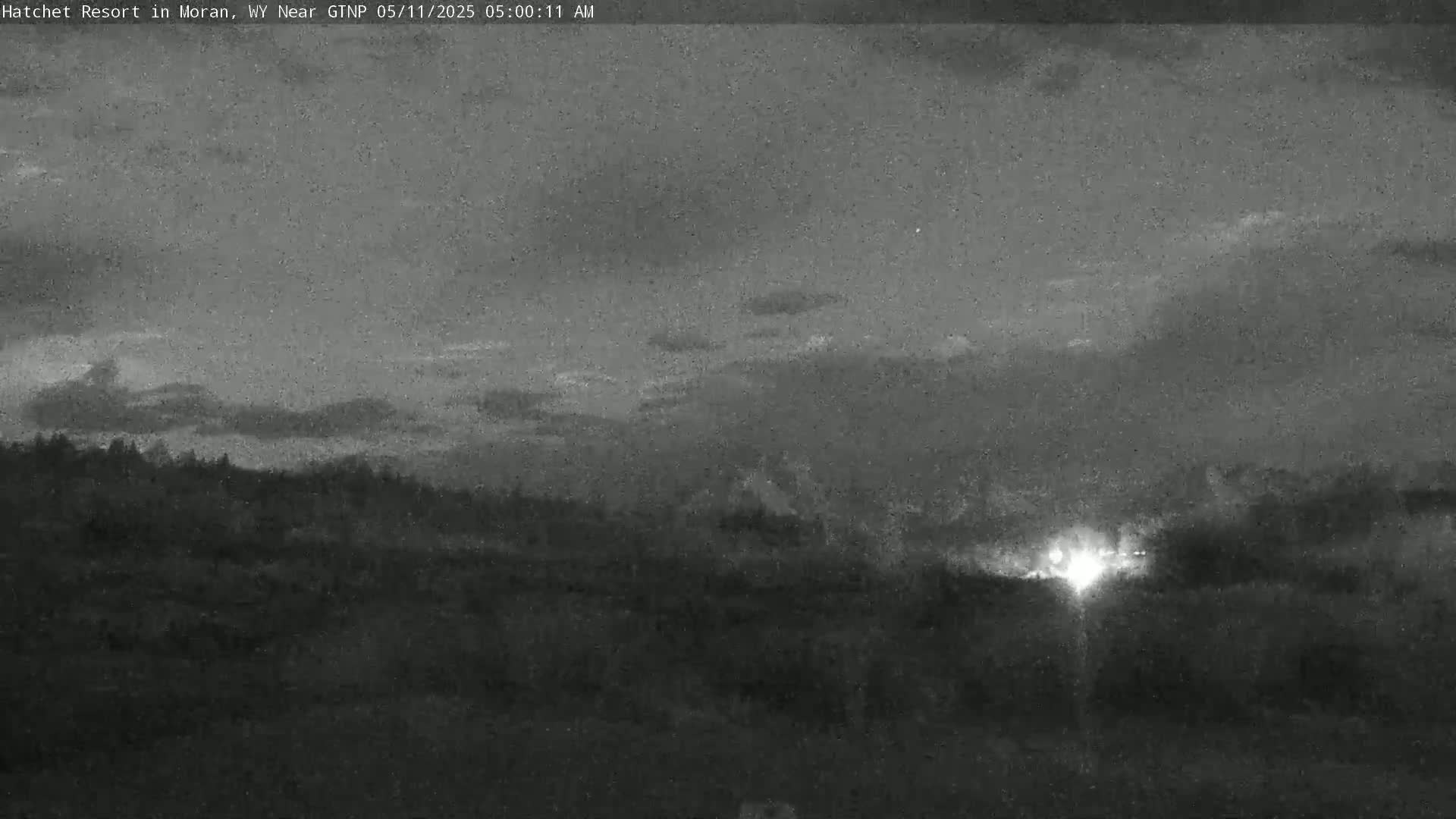 A nighttime, low-light image shows a dark landscape of trees and hills under a cloudy sky, with a bright light source visible in the mid-ground.