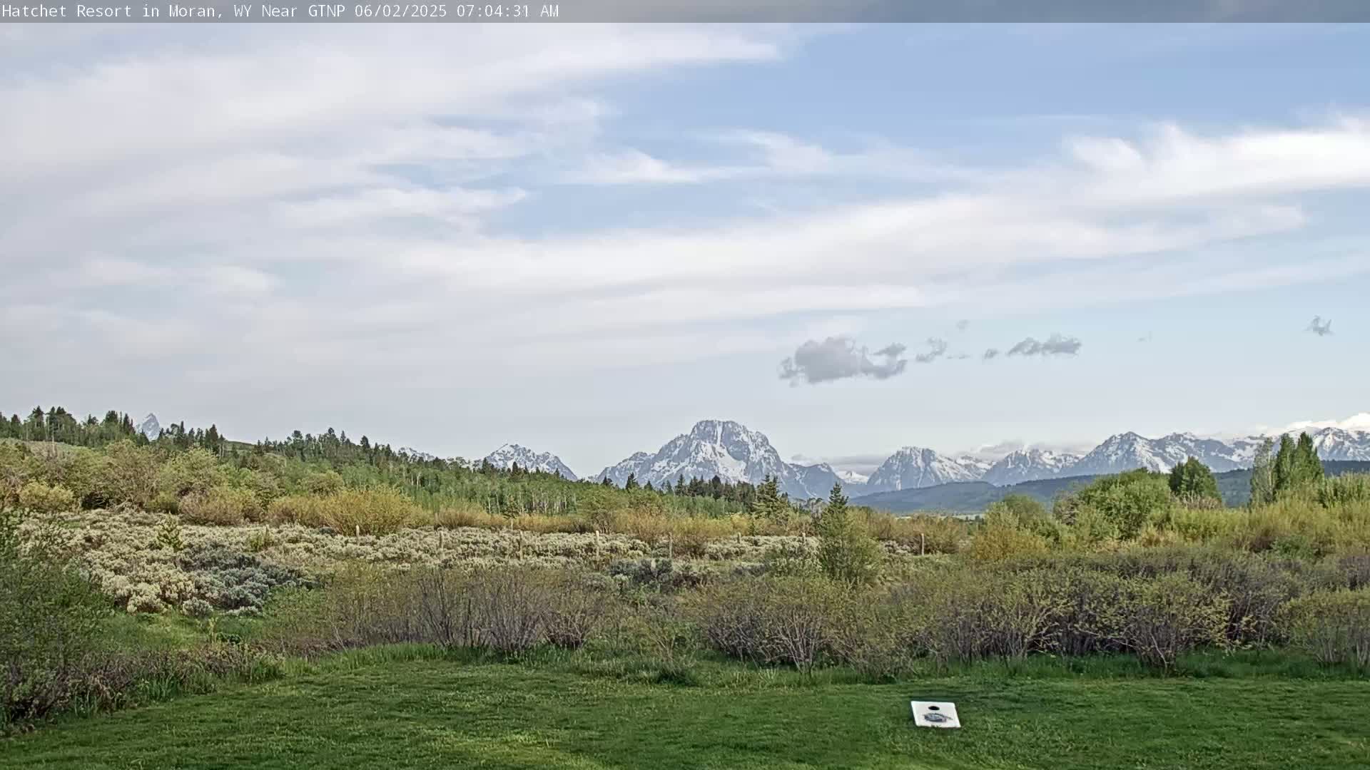 A grassy field overlooks a landscape of green shrubs and trees, with snow-capped mountains in the distance under a partly cloudy sky.