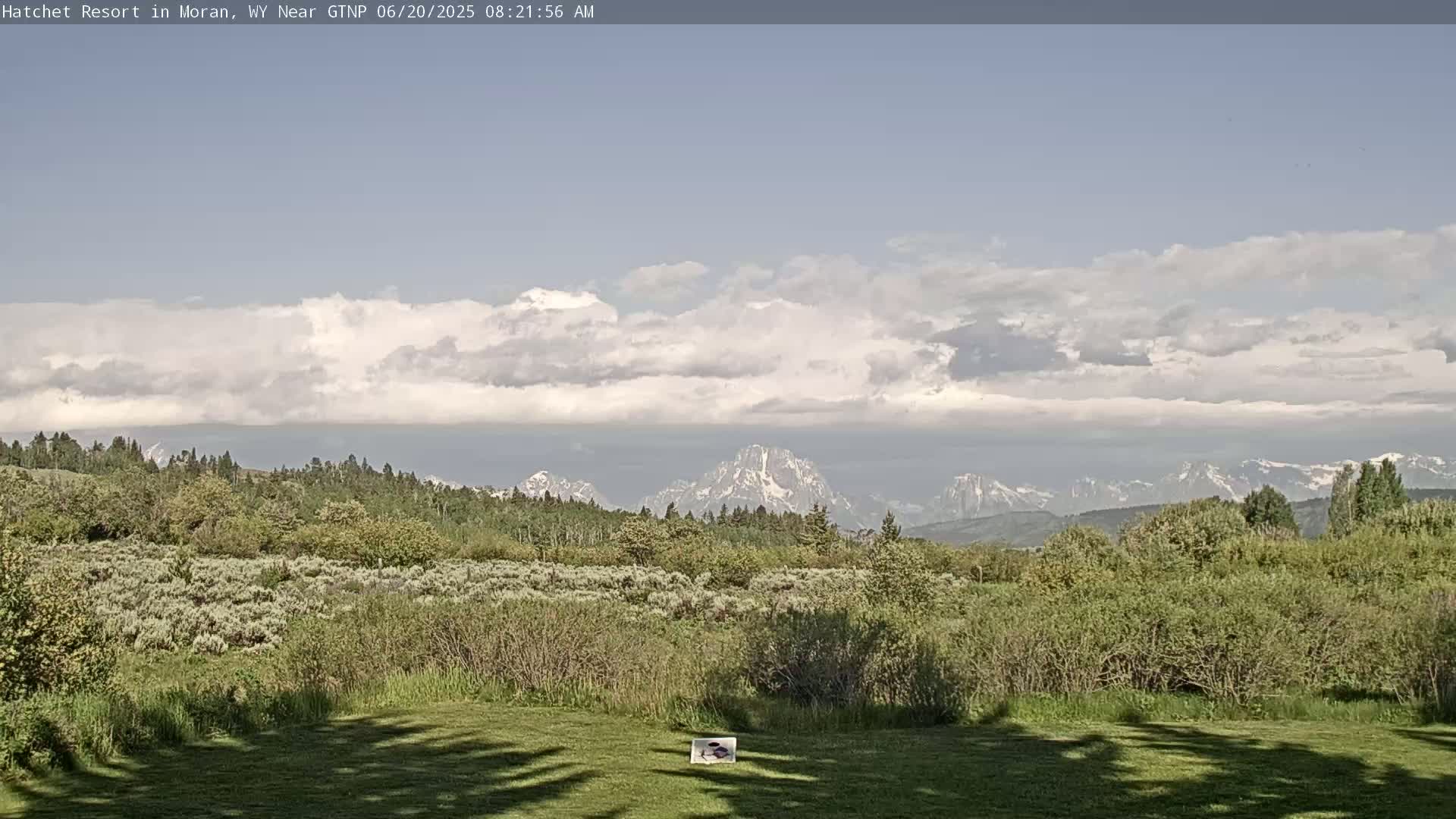 A grassy field overlooks a lush green landscape and snow-capped mountains under a partly cloudy sky.