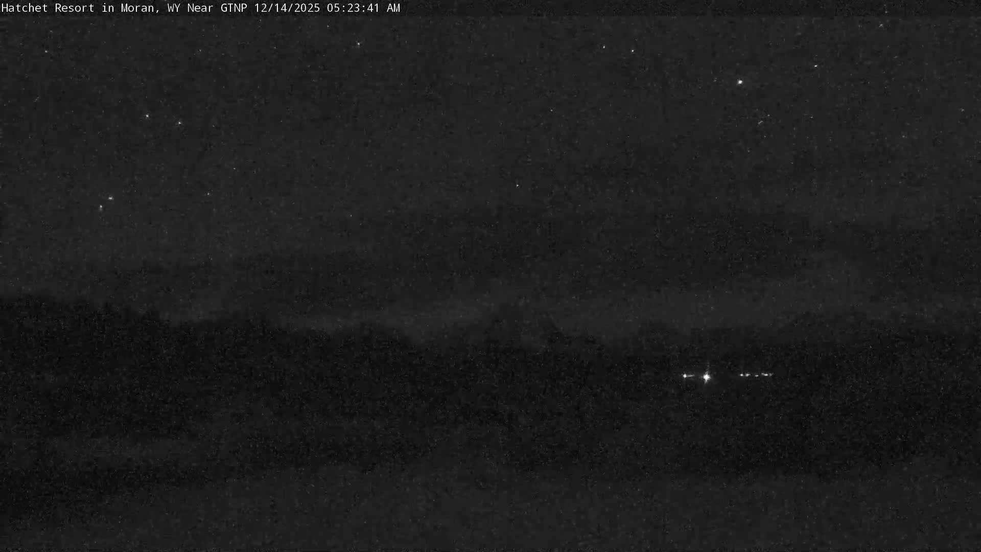 The image depicts a dark, snowy landscape with obscured trees and brush in the distance, under an overcast sky with falling snow and low visibility during the early morning.