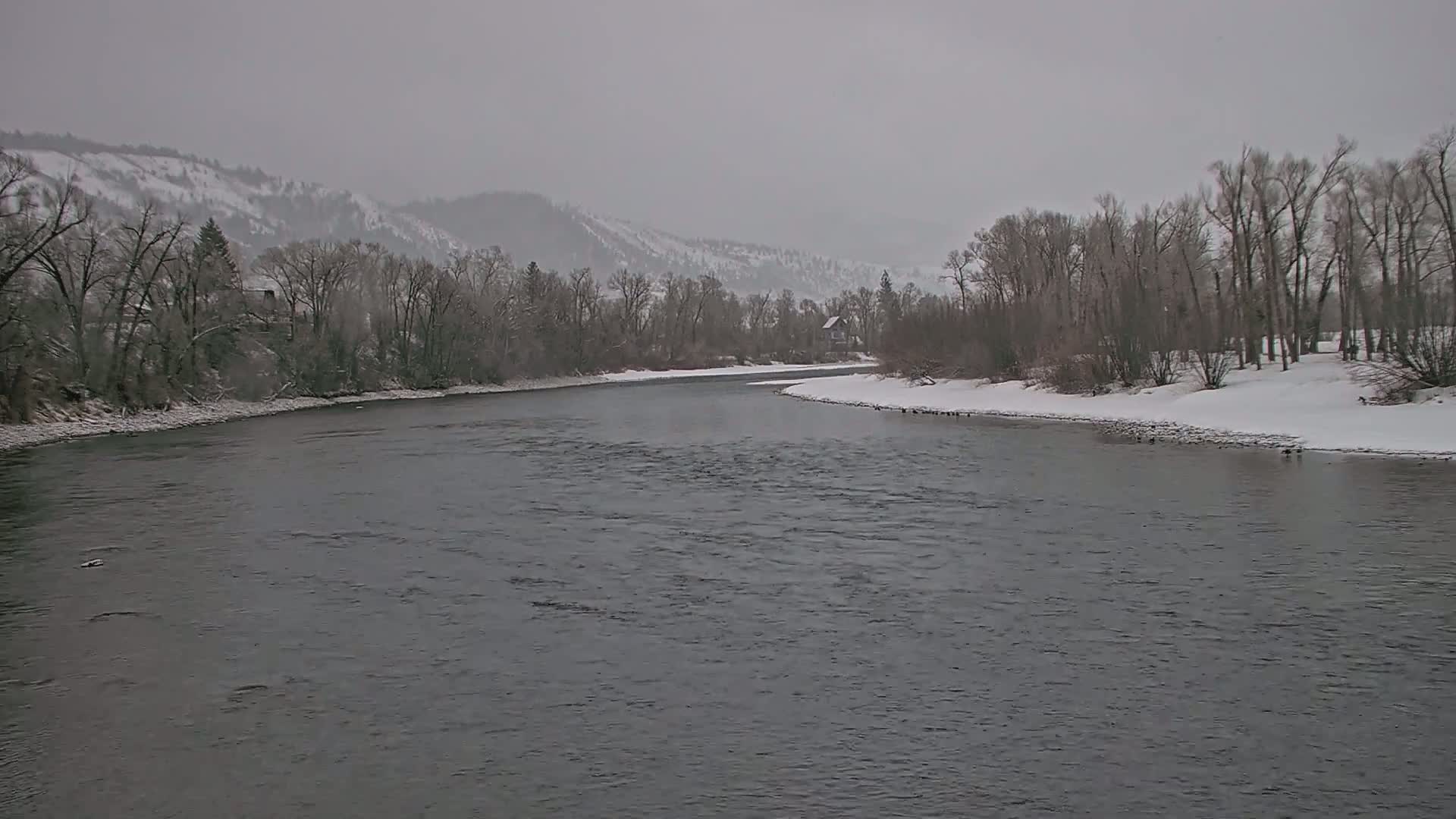 A wide, grey river flows past snow-covered banks lined with leafless trees and a snow-dusted mountain range under an overcast sky.