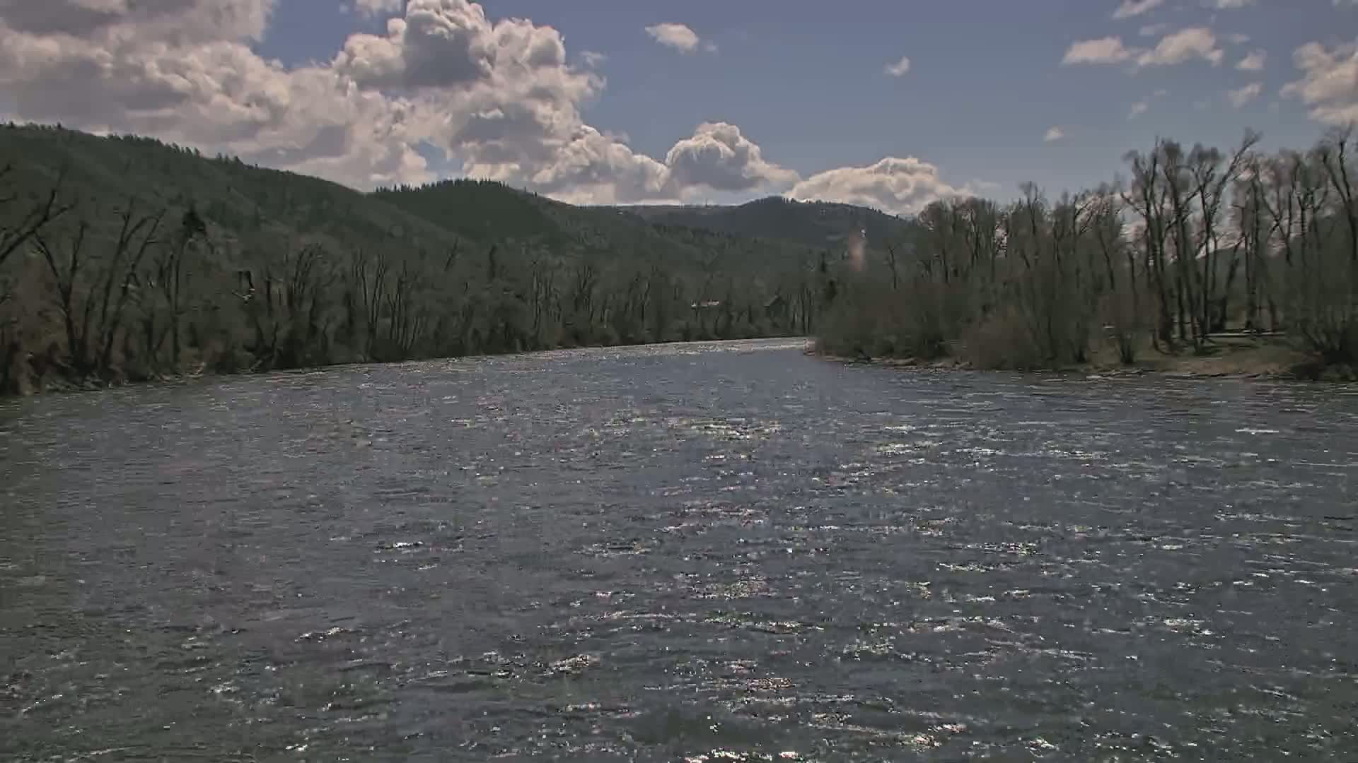 A wide, dark river flows under a partly cloudy sky past bare trees lining its banks and forested hills in the distance.