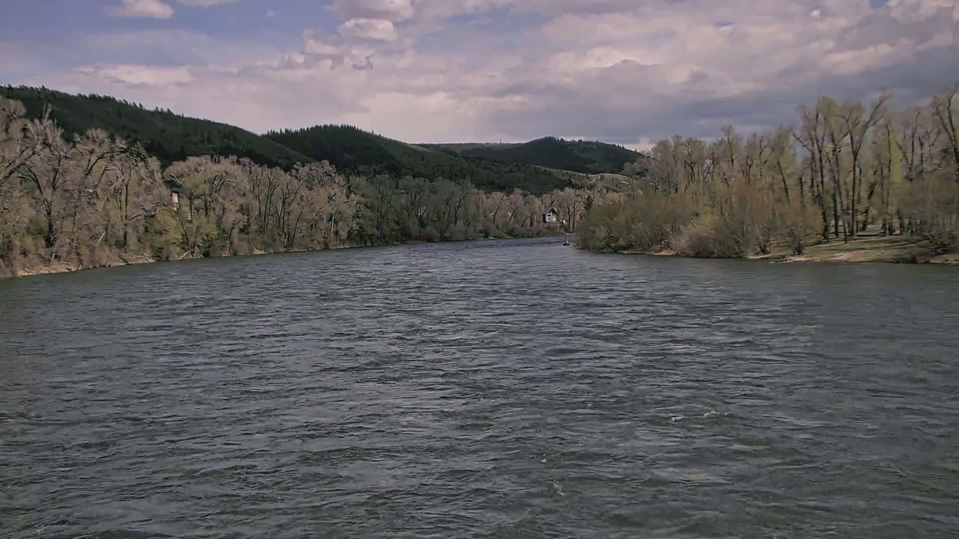 A wide, dark river flows under a partly cloudy sky past banks lined with bare and budding trees and a distant, forested hillside.