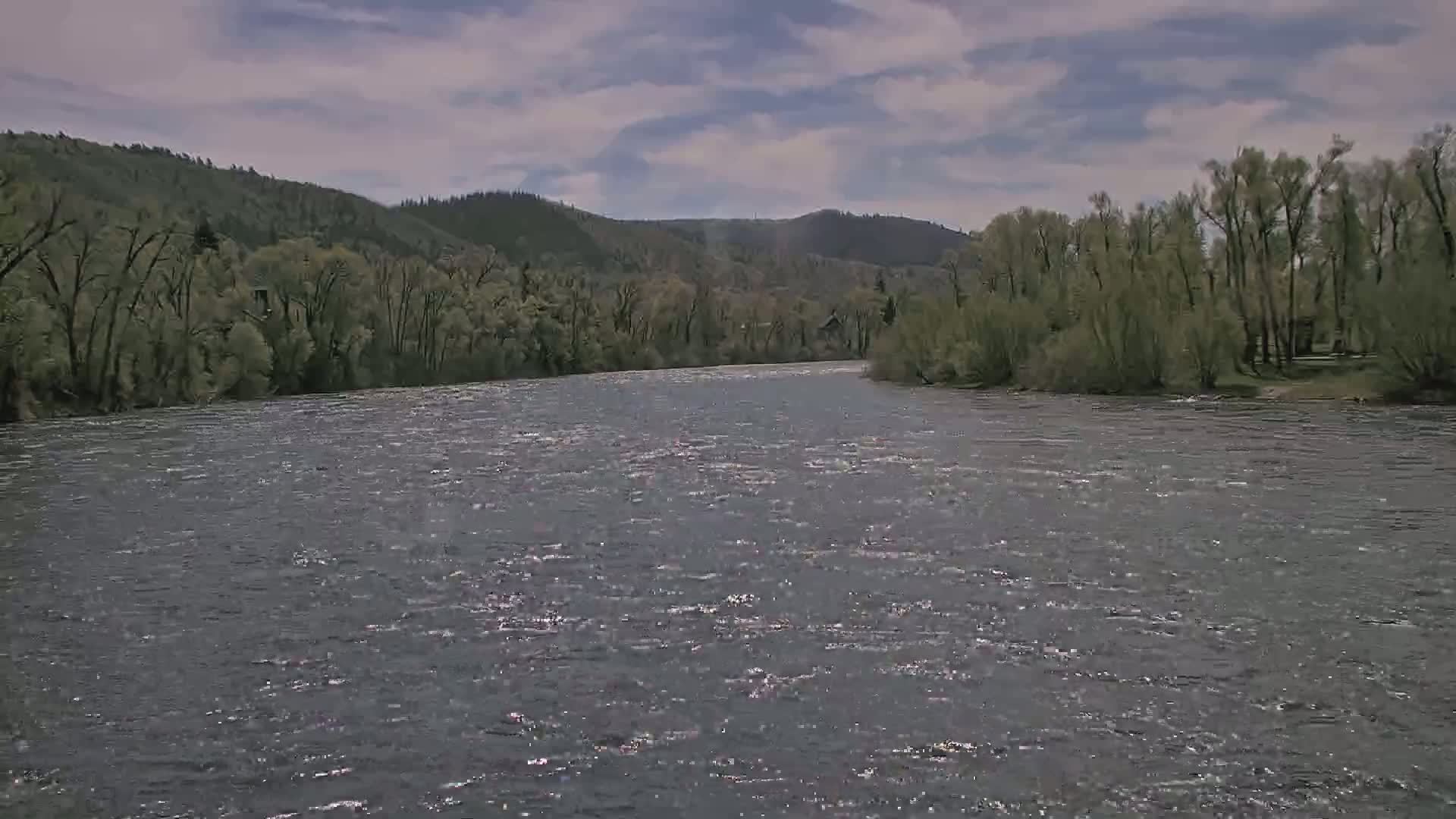A wide, gently flowing river stretches towards a line of deciduous trees and rolling hills under a partly cloudy sky.