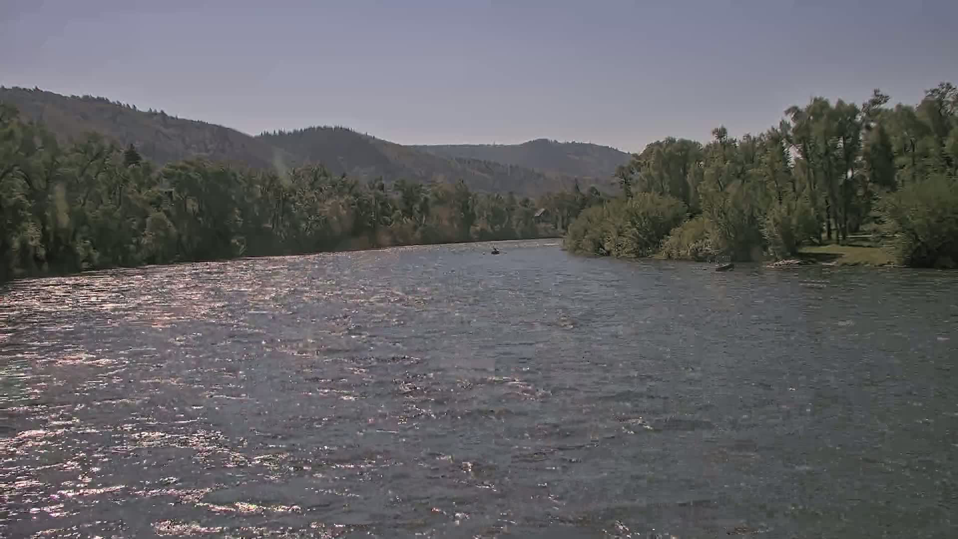 A wide, gently flowing river under a clear sky is bordered by lush green trees and rolling hills in the background.