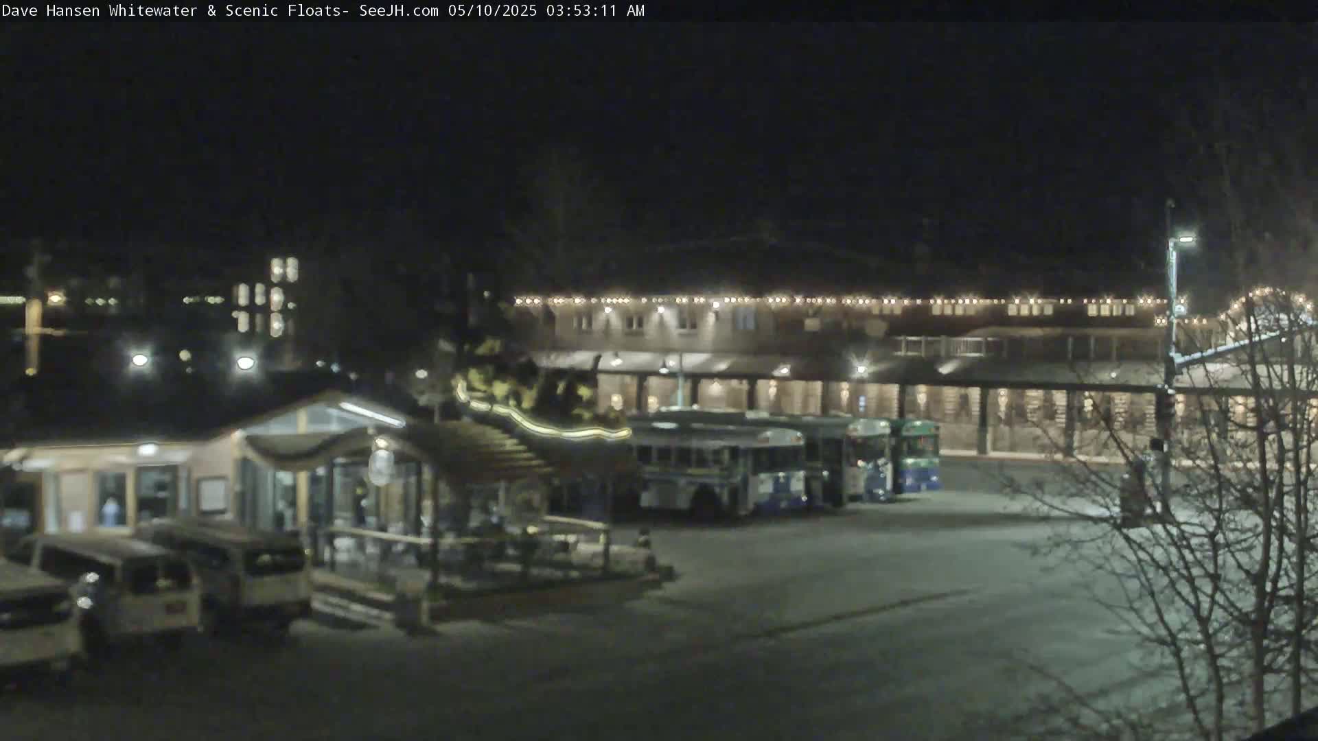 At night, several buses are parked in a lot near a building with string lights, and some cars are parked in front of a smaller building.