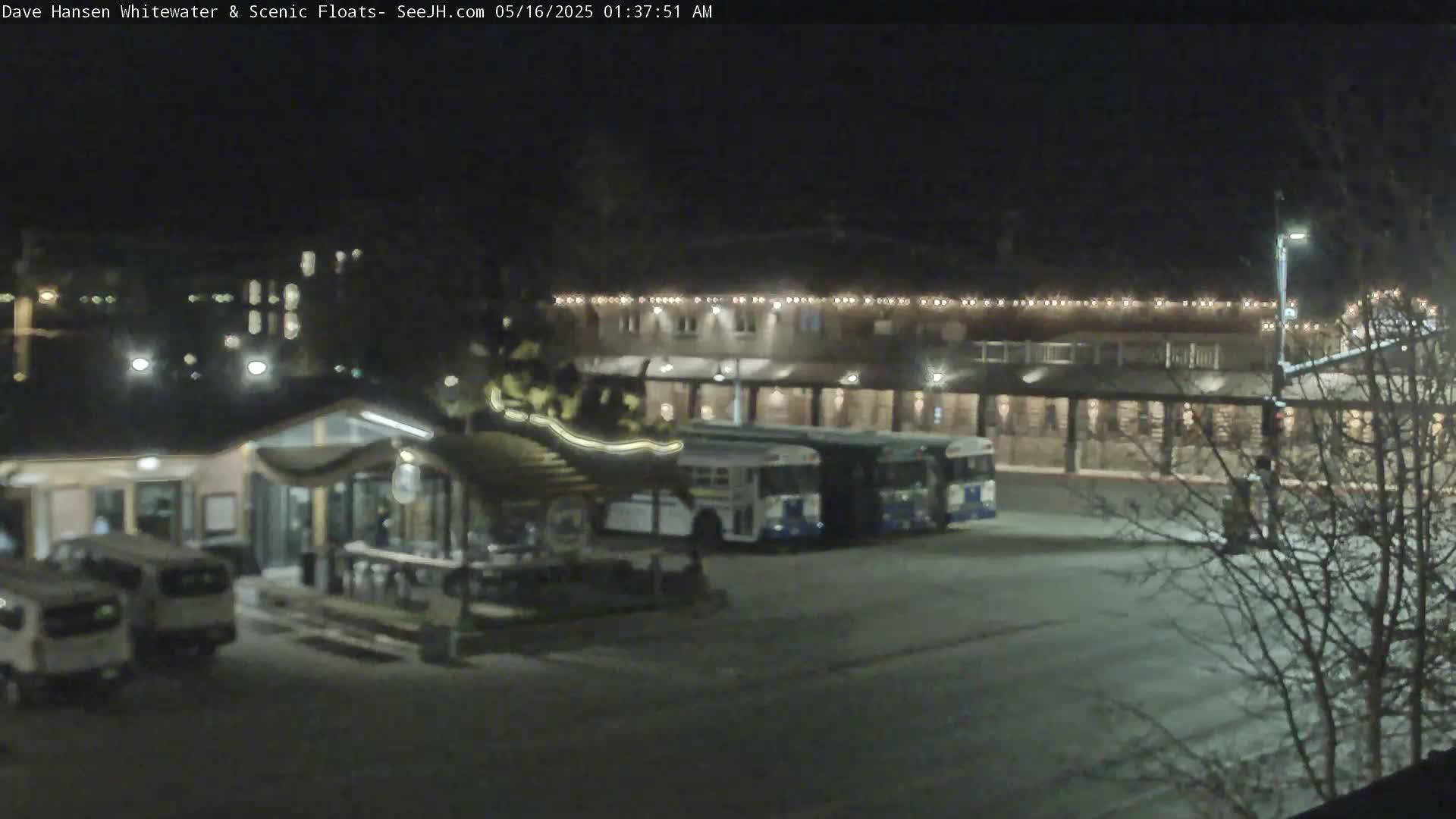 At night, several buses are parked in a lot next to a building with lights strung along its roofline, and small vehicles are parked nearby.