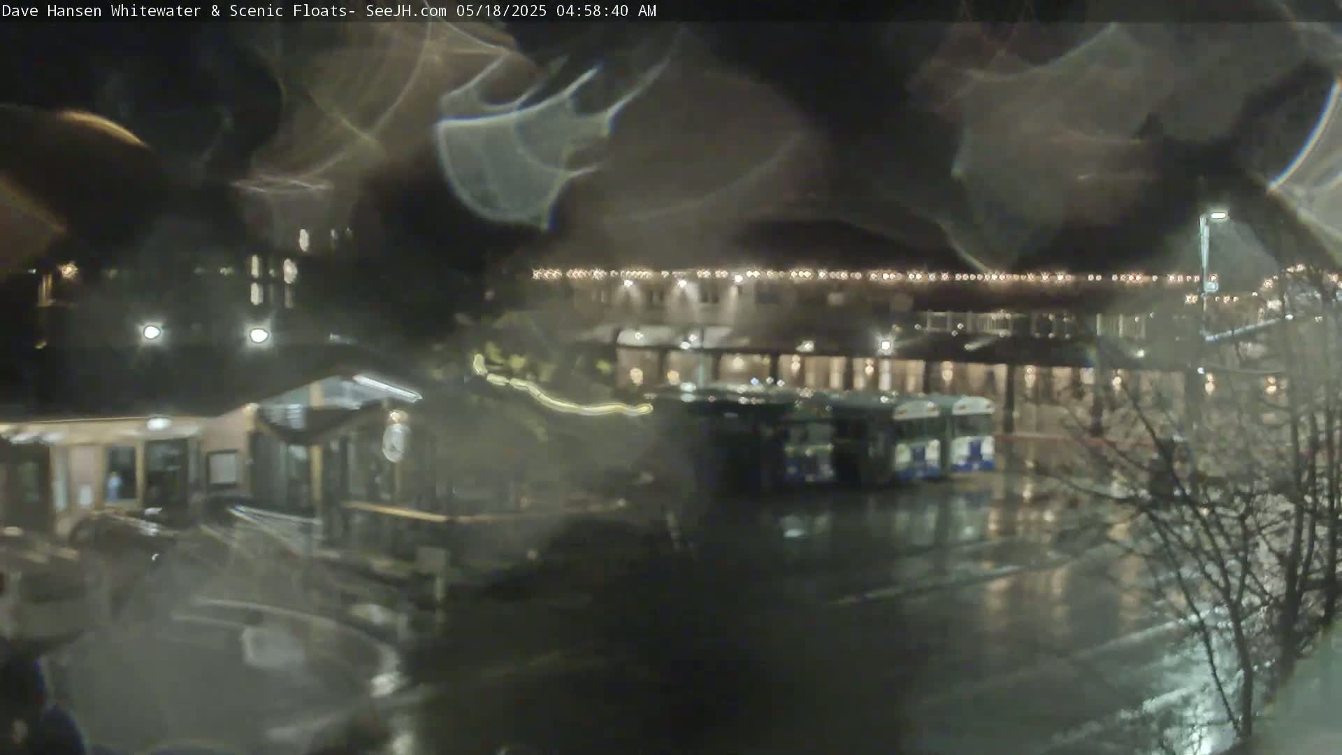 A nighttime, rain-slicked scene shows a building with lights, a bus, and bare trees in the foreground.