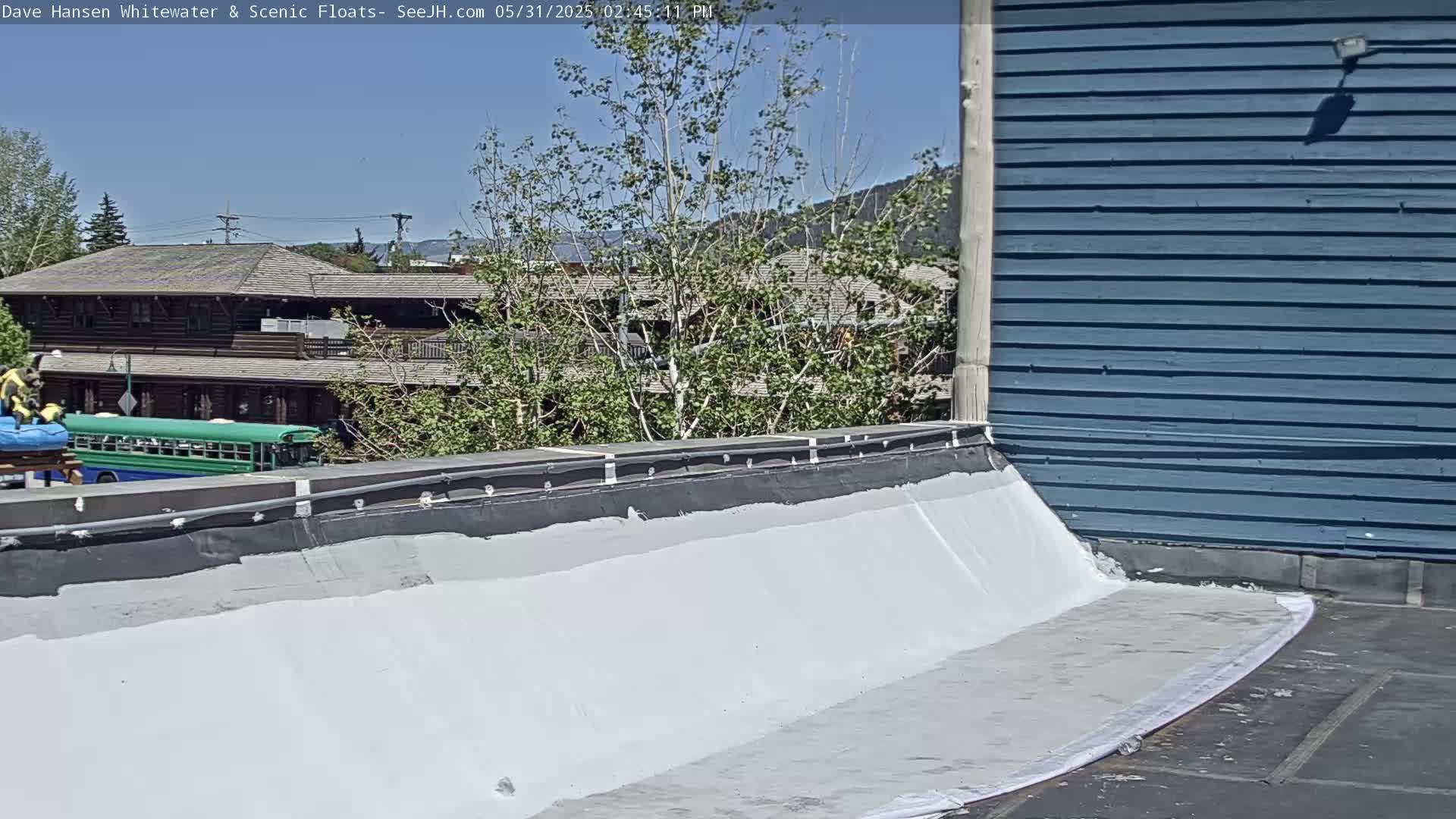 A flat, white rooftop with a dark gray border, overlooking a green bus, a log cabin-style building, and trees under a clear, sunny sky.