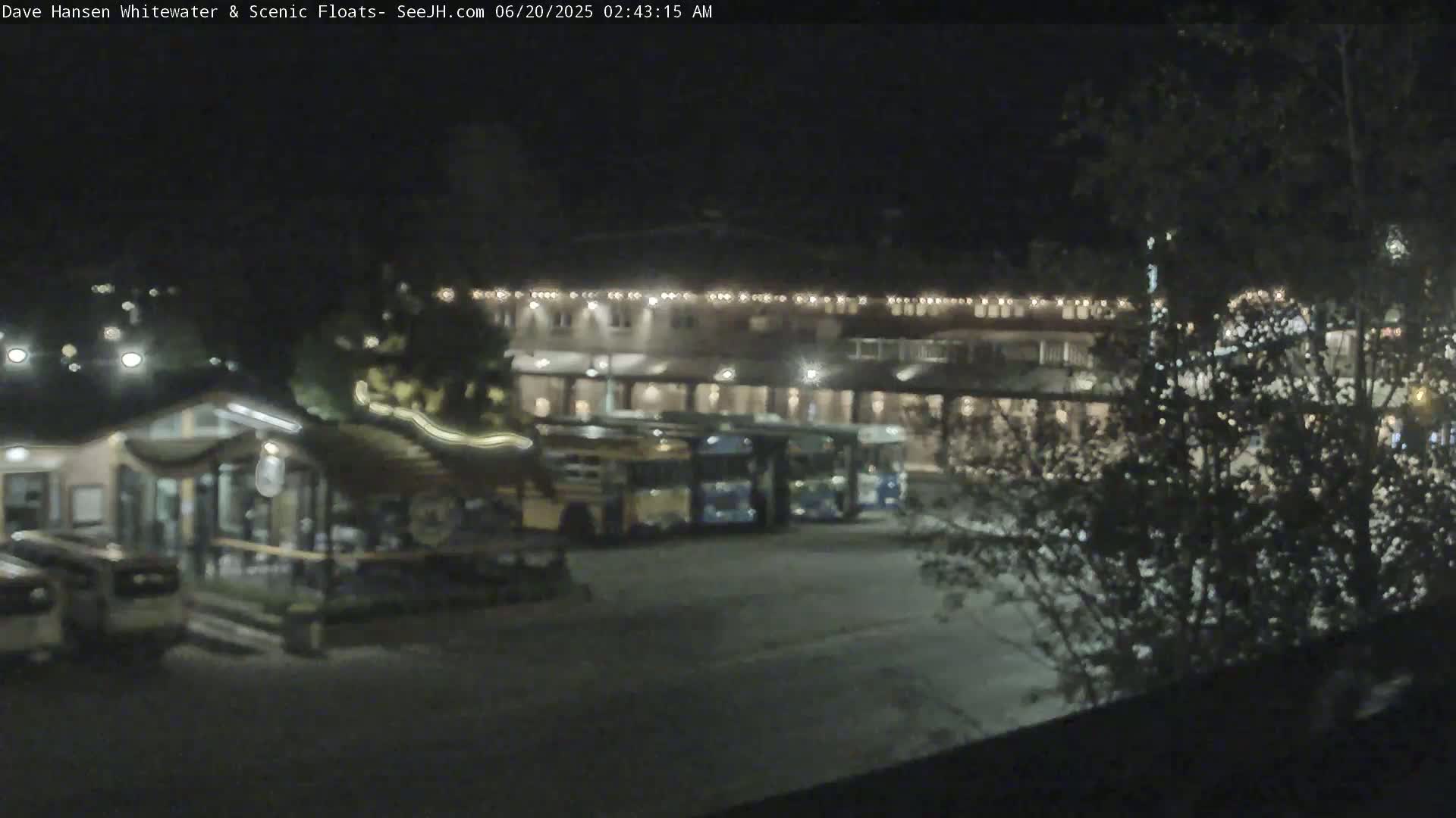 At night, several buses are parked in a lot next to a building with lights strung along its facade, partially obscured by trees.