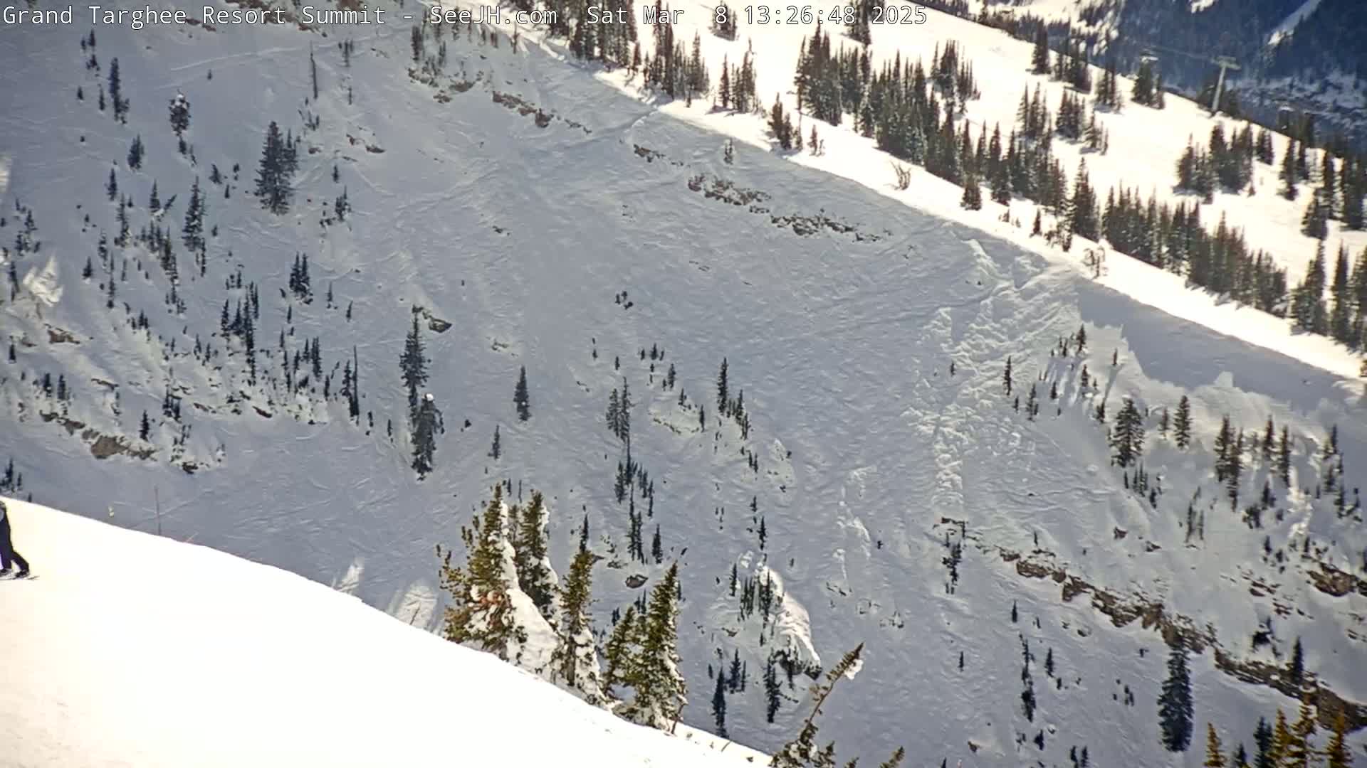 A snowy mountain slope with evergreen trees shows evidence of an avalanche, with a person snowboarding in the foreground on a sunny day.