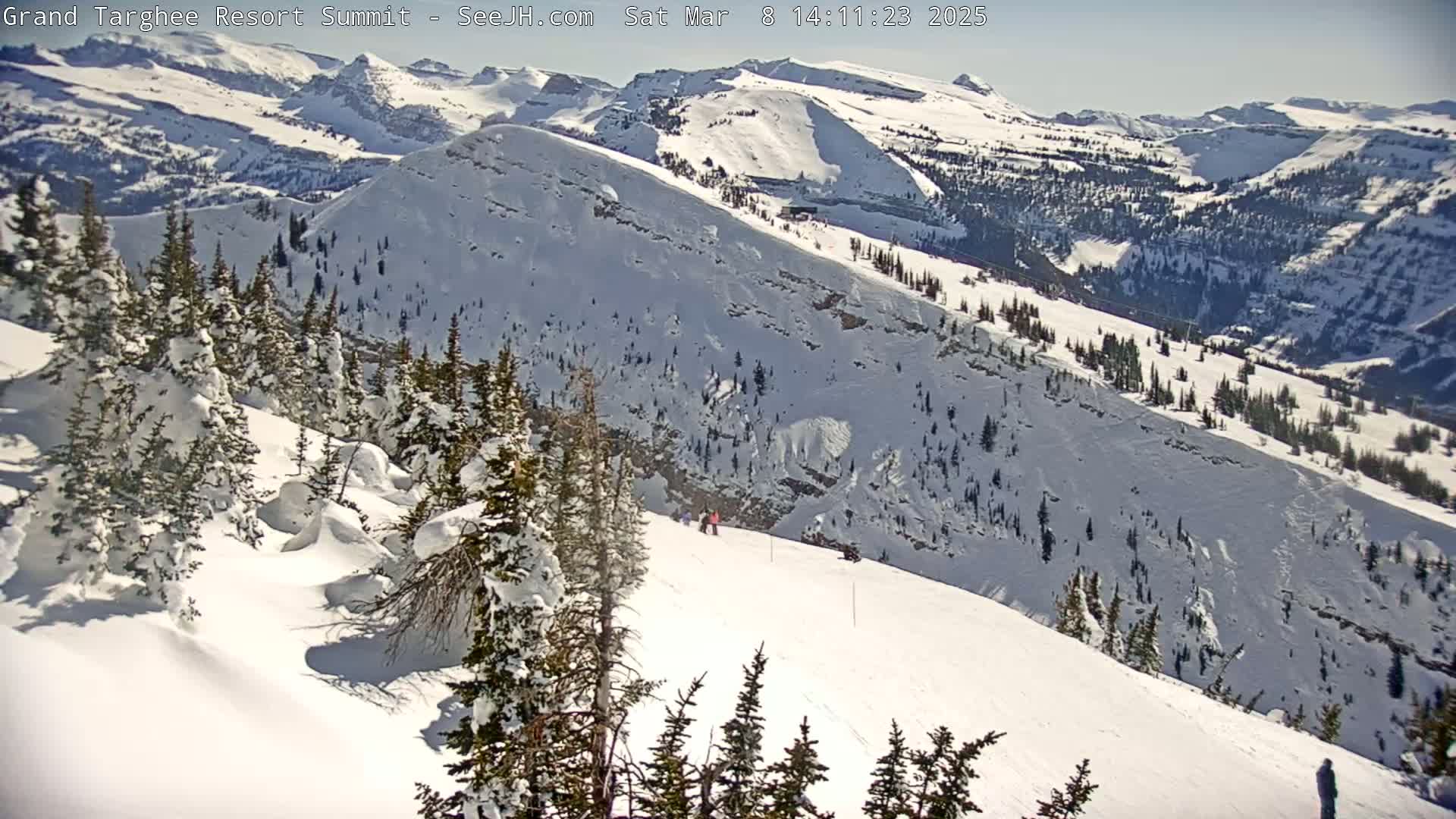 A sunny, snow-covered mountain slope with evergreen trees and a few skiers, overlooking a vast expanse of snowy mountains under a clear sky.