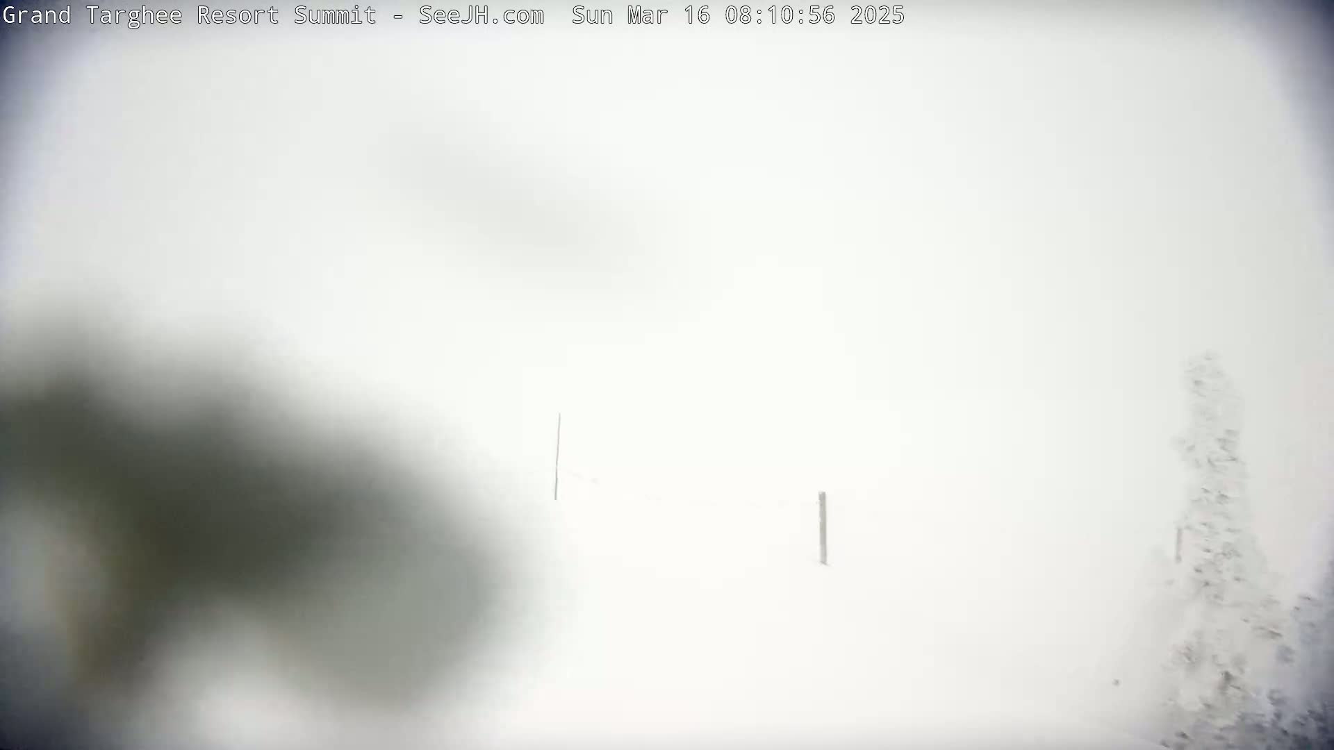A blurry, snow-covered landscape is visible through a hazy, white atmosphere.