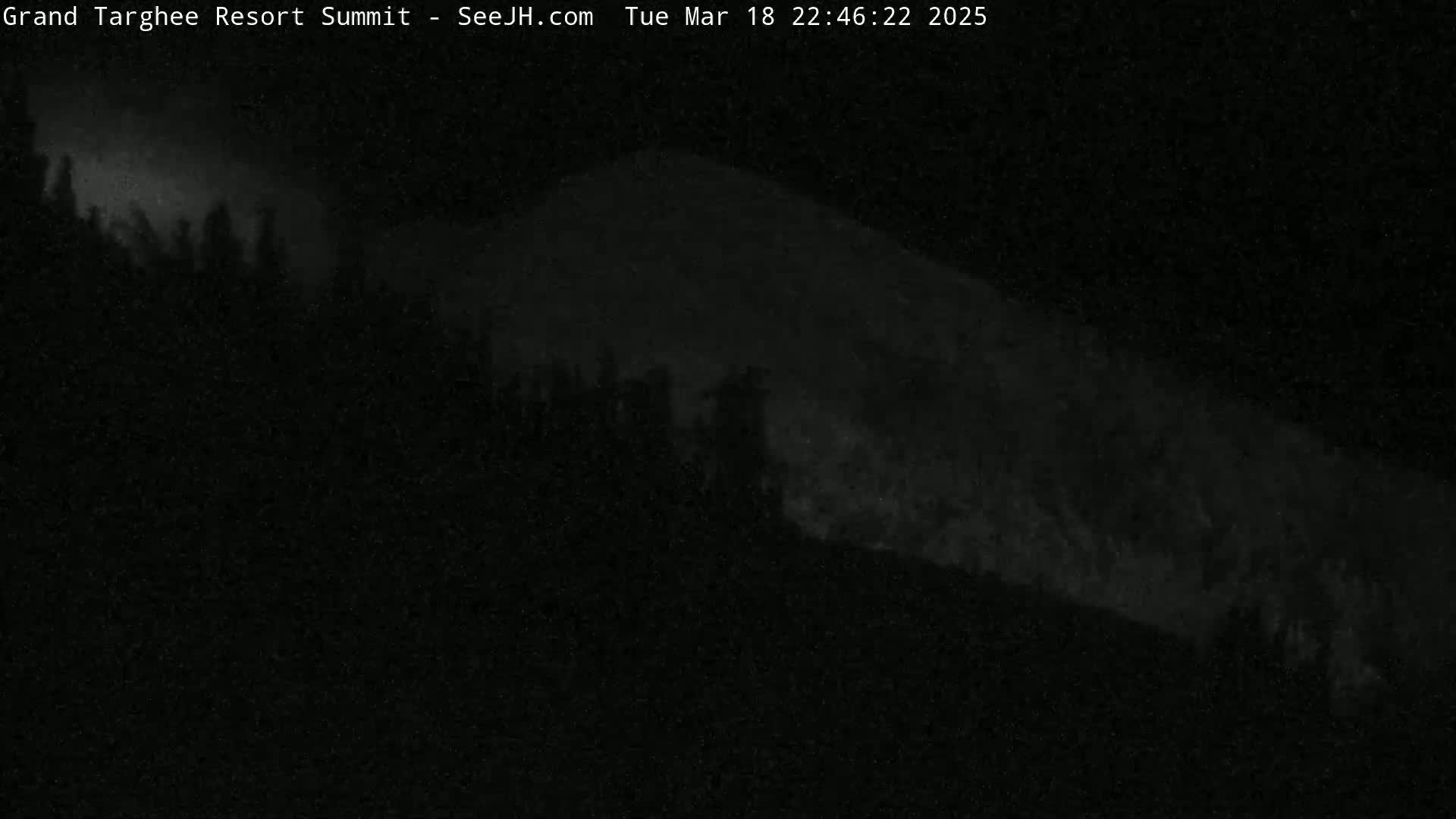 A nighttime, low-light image shows a dark, snow-covered hill or mountain in the distance, with a dark, silhouetted forest in the foreground.