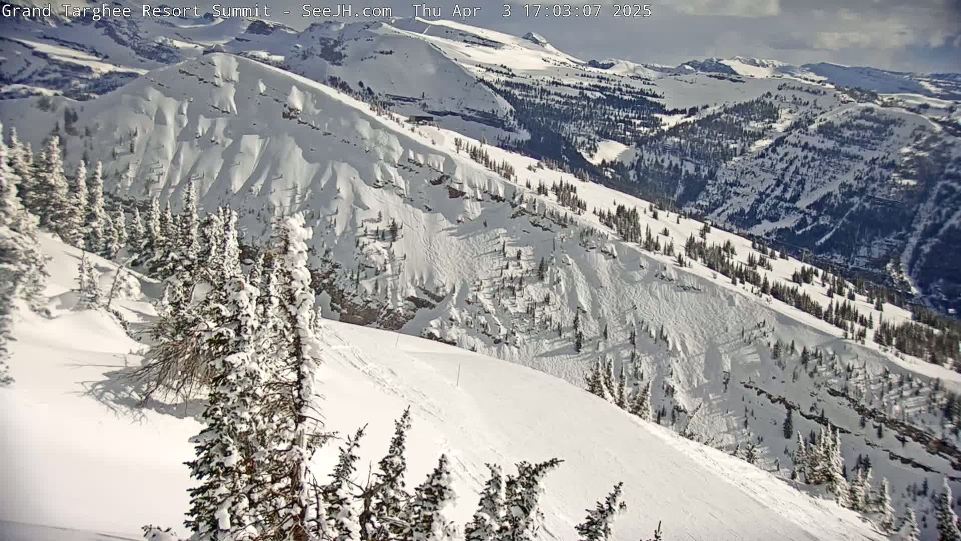 A snow-covered mountain slope with evergreens, showing evidence of recent snowslides, under partly cloudy skies.
