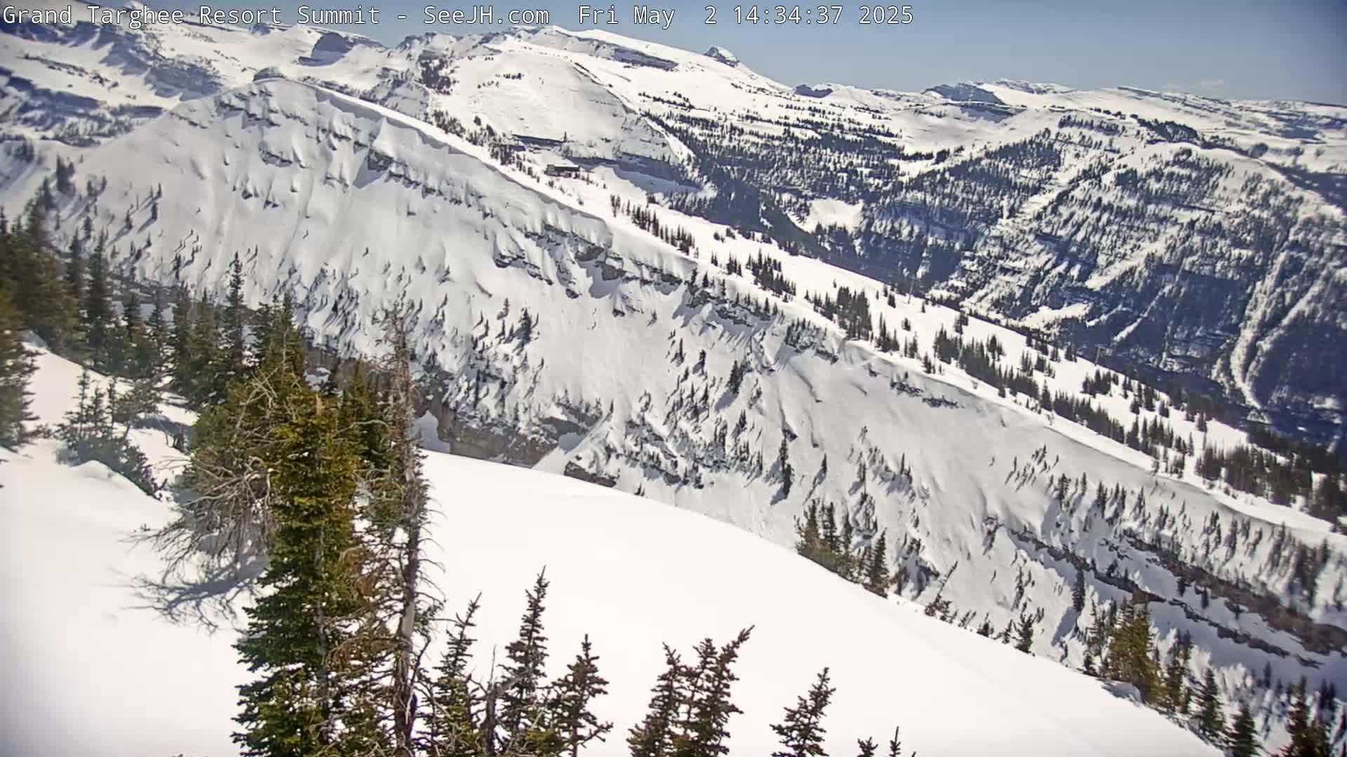 A snow-covered mountain slope with evergreen trees, under a sunny sky, overlooks a valley with more snow-covered mountains and trees in the distance.