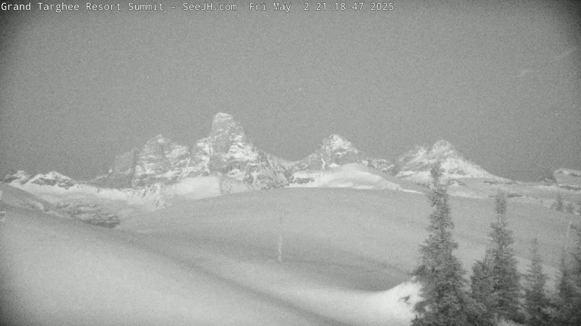 A snow-covered mountain range is visible under a dark, overcast sky.
