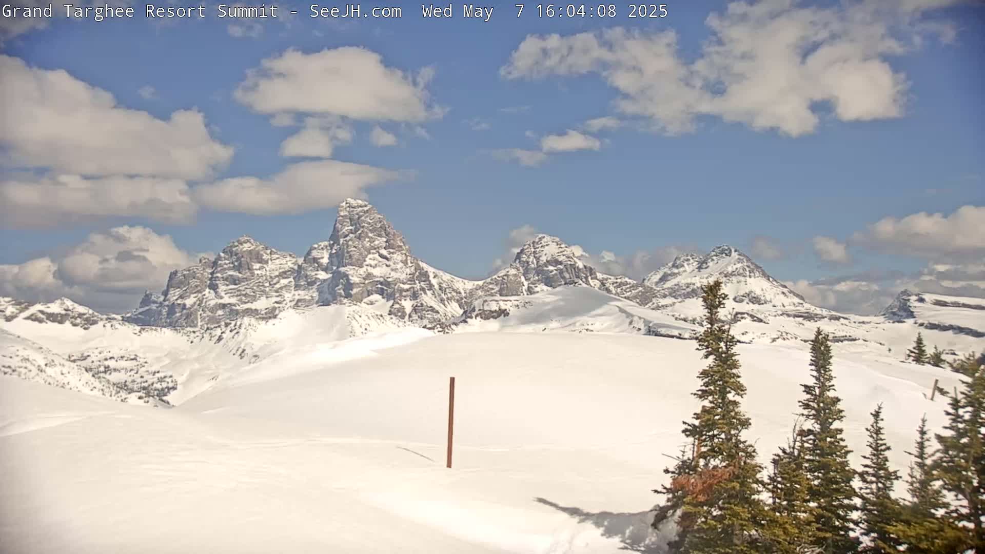 A snow-covered mountain range is visible under a partly cloudy blue sky.