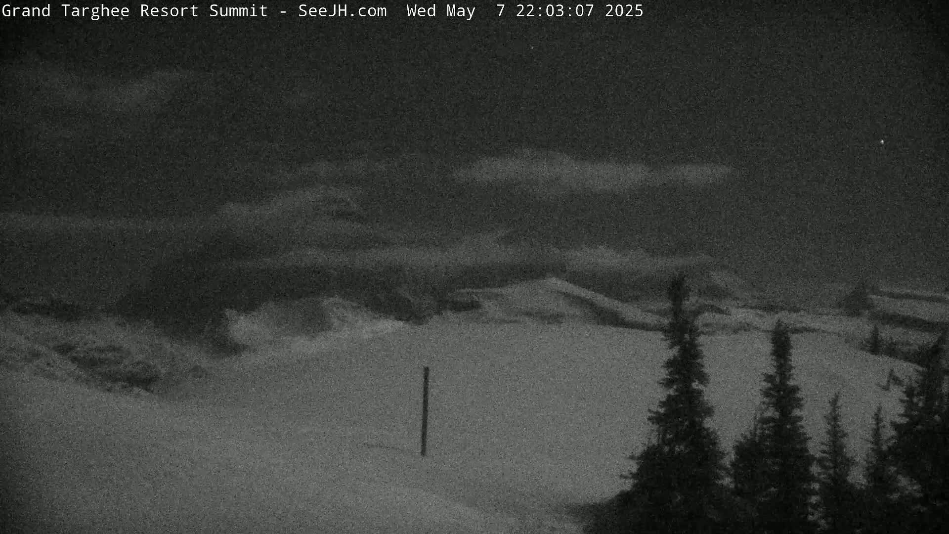 A nighttime view of a snow-covered landscape under a cloudy sky, with a few evergreens in the foreground.