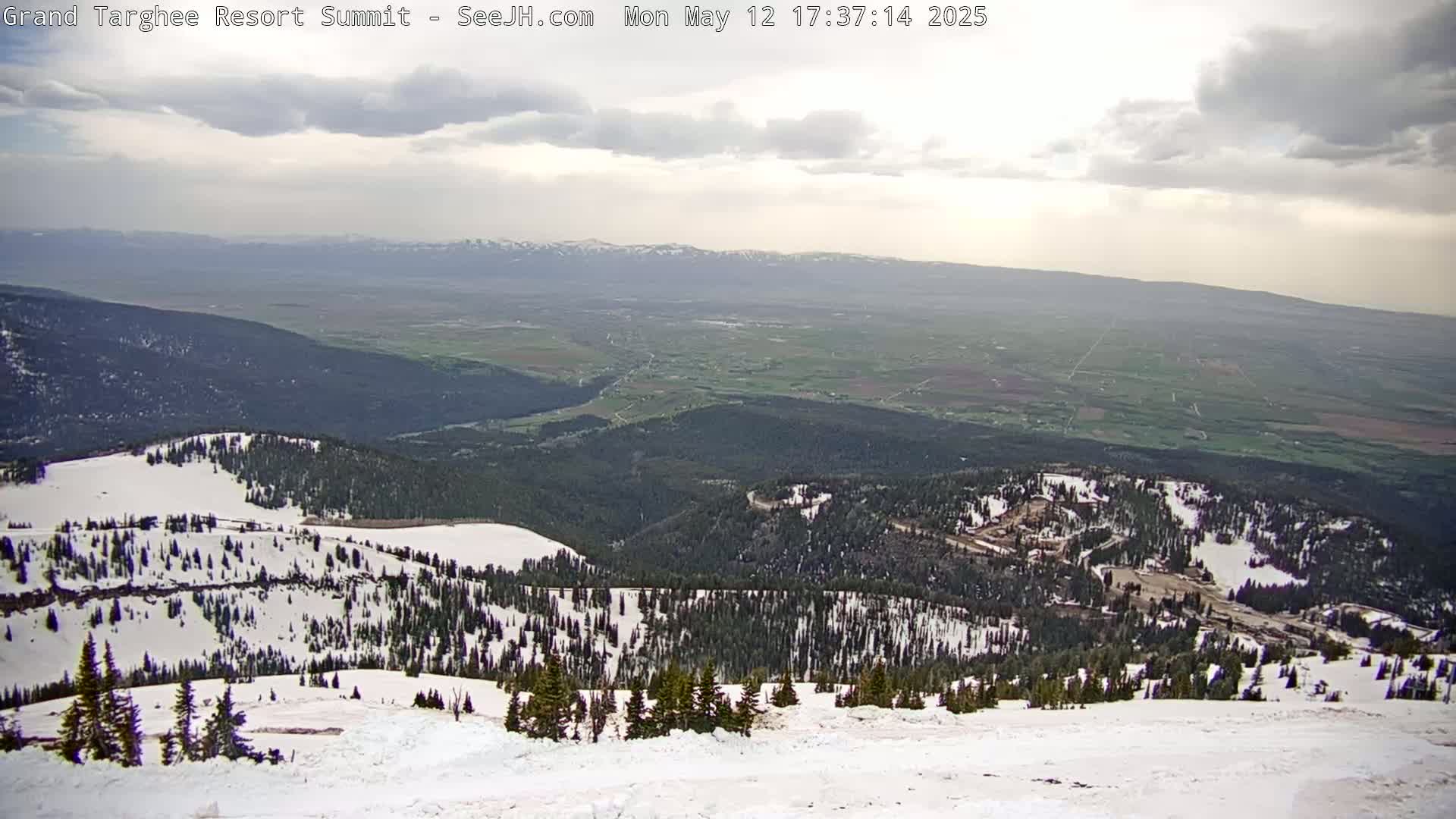 A snow-covered mountaintop with evergreen trees overlooks a vast valley under a partly cloudy sky.