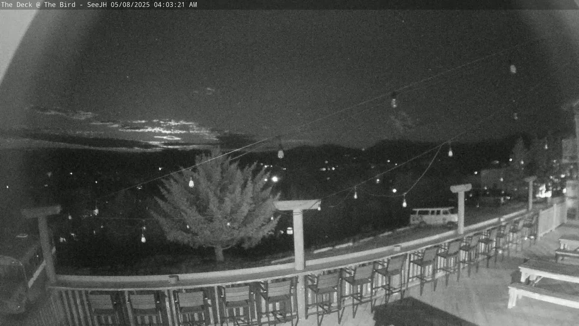 A nighttime view from a deck shows a row of empty bar stools along a railing overlooking a town with string lights strung overhead, under a partly cloudy sky.