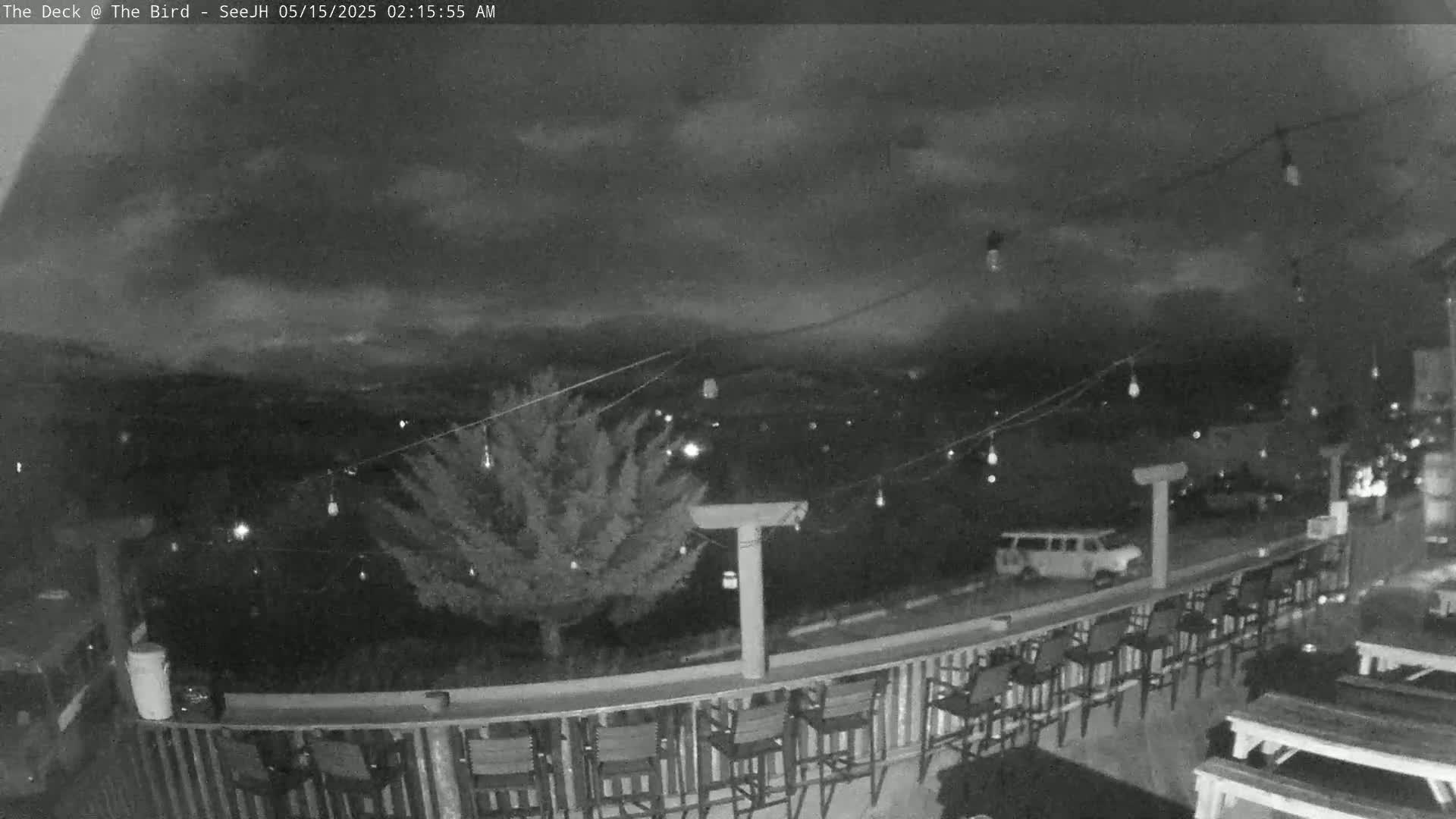 A nighttime view from a deck shows a row of empty bar stools and tables overlooking a tree, a van, and distant lights under a cloudy sky.