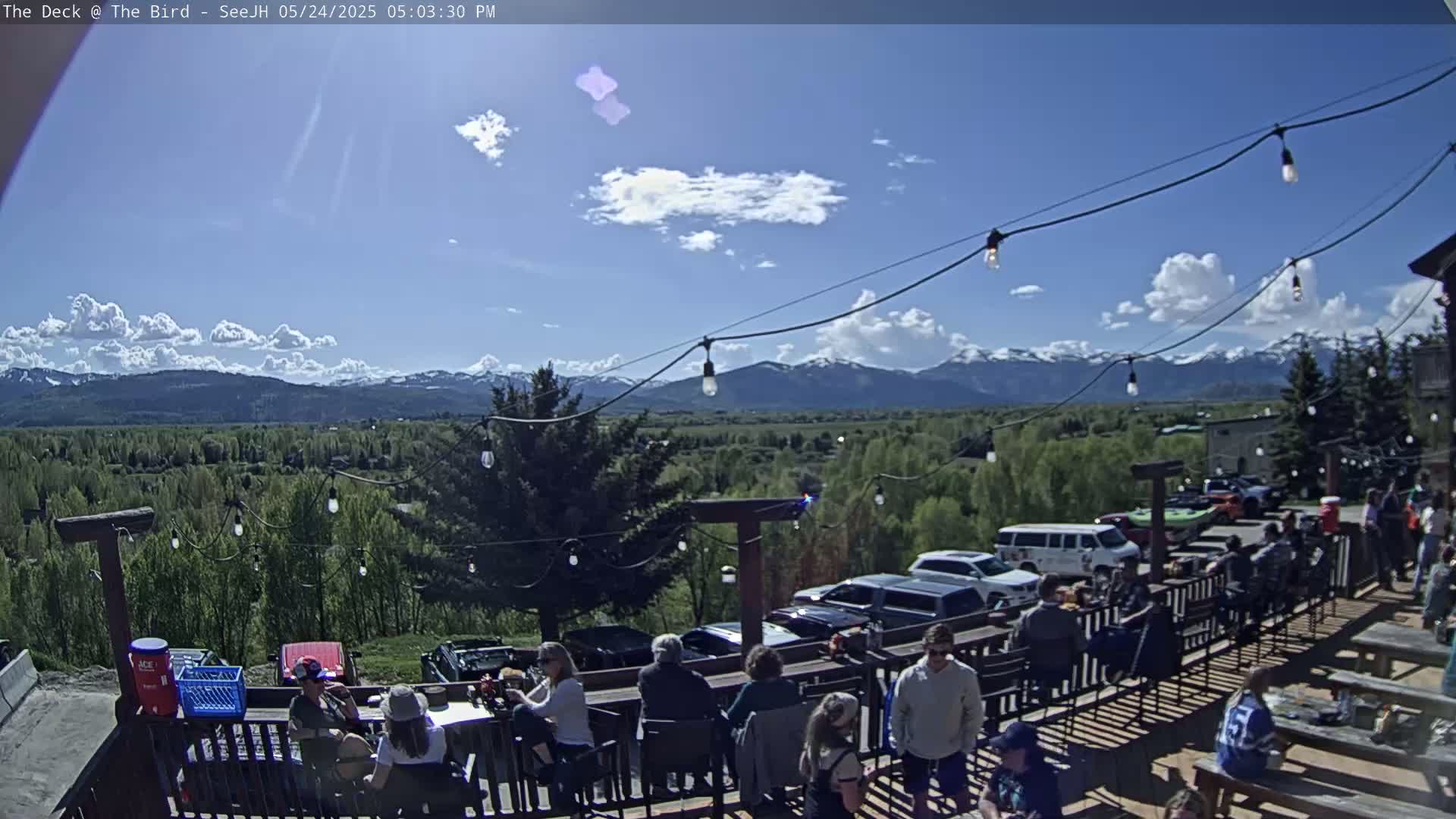 An outdoor deck with people sitting at tables overlooks a valley of green trees and distant snow-capped mountains under a partly cloudy sky.