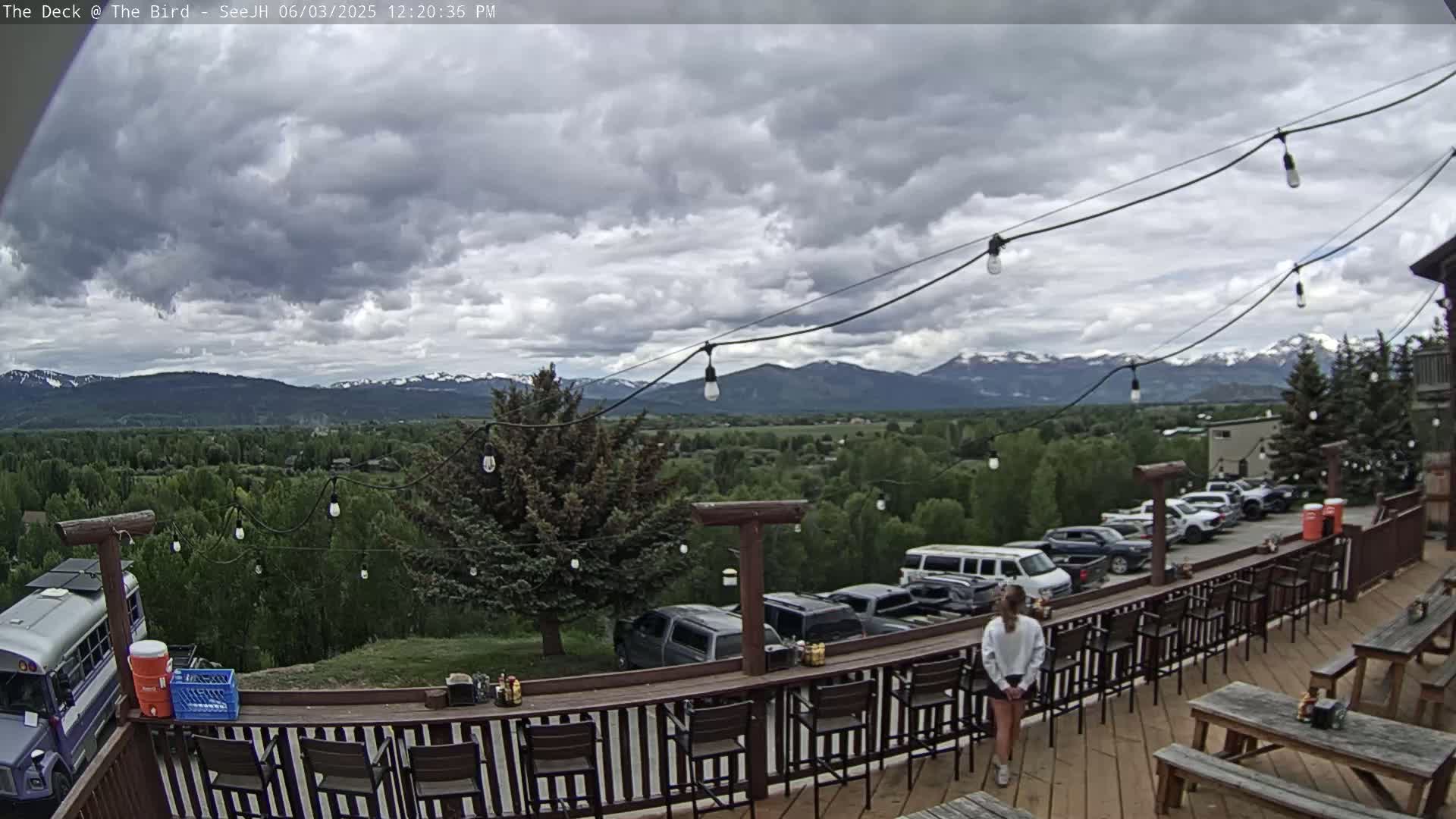 An outdoor deck with a bar and picnic tables overlooks a valley and distant mountains under a cloudy sky.