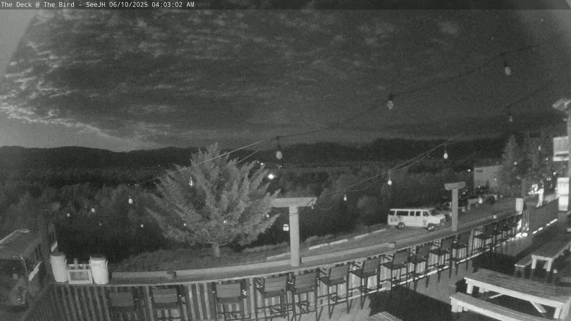 A nighttime outdoor scene shows a mostly cloudy sky over a deck with bar stools and picnic tables, overlooking a parking lot with a van and trees, all under dim lighting.