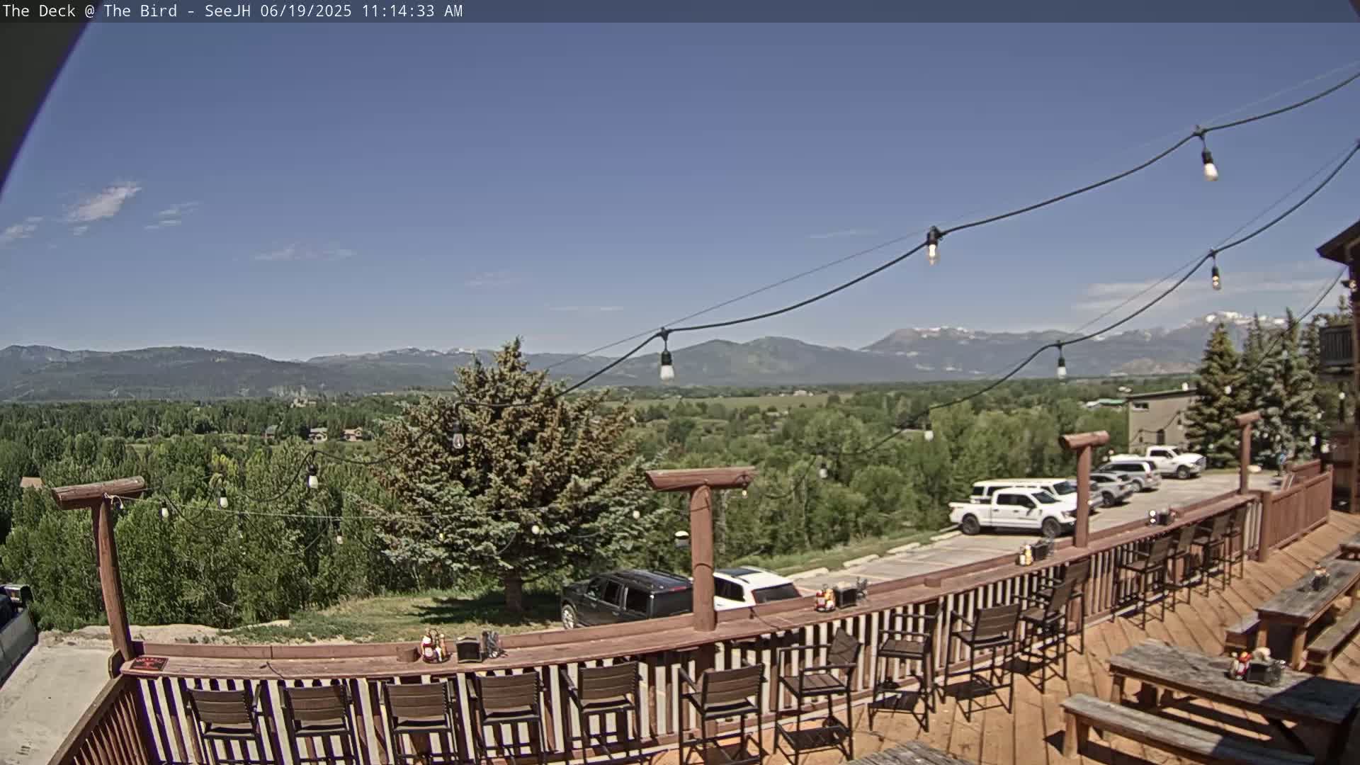 A wooden deck with a bar and picnic tables overlooks a mountain valley under a clear blue sky.