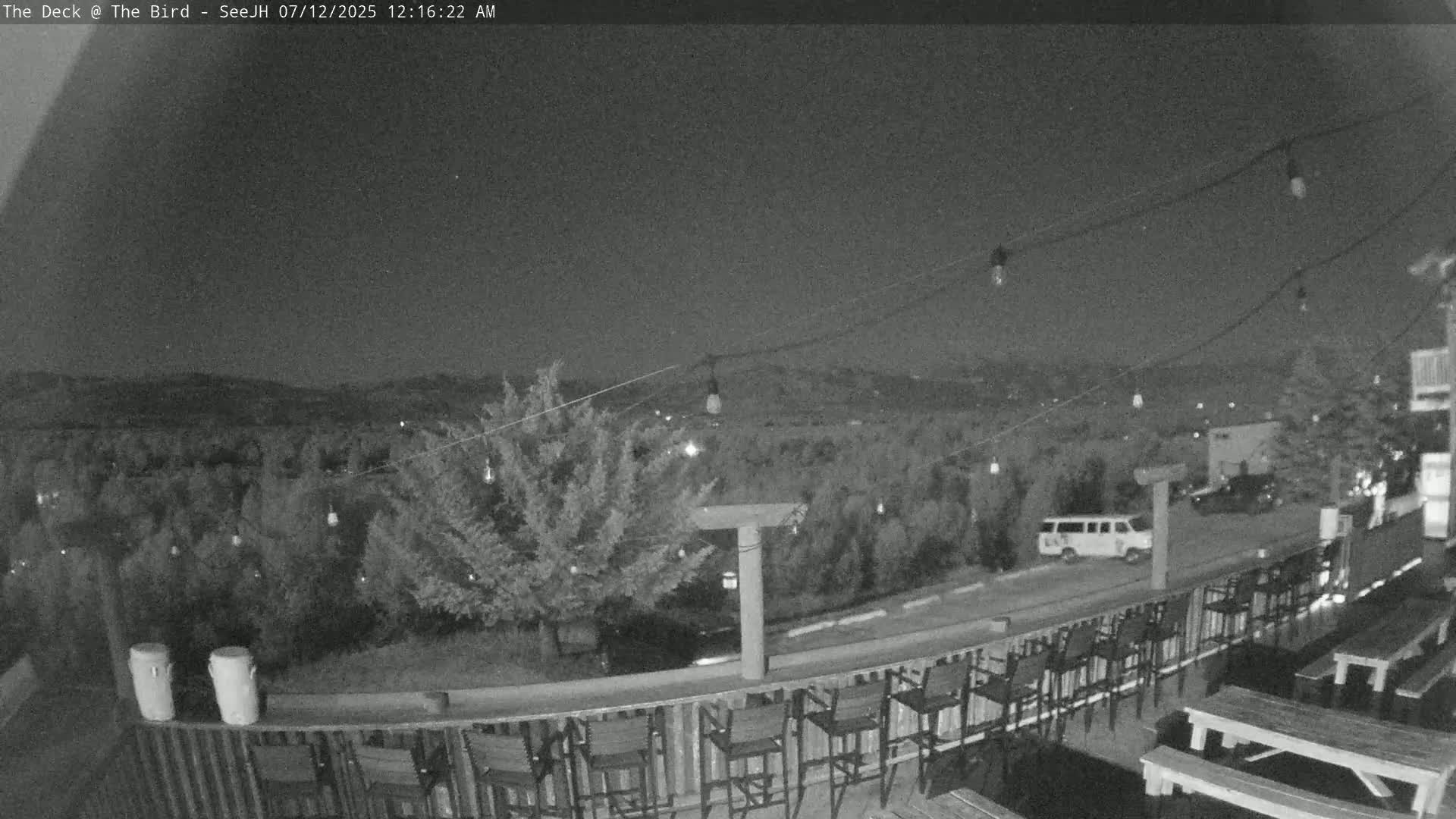 A nighttime outdoor scene shows a deck with empty chairs and picnic tables overlooking a hillside under a clear, dark sky illuminated by string lights.