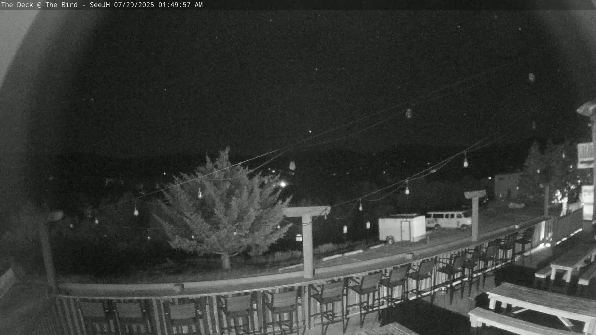 A nighttime outdoor scene shows a deck with empty bar stools and picnic tables under a dark, clear sky.