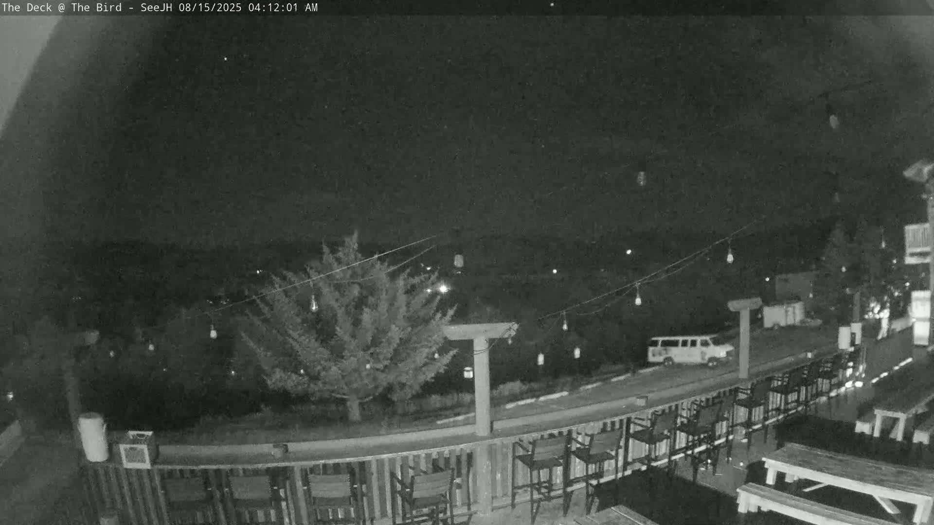 A nighttime outdoor scene shows a deck with empty bar stools and picnic tables under a dark, clear sky.
