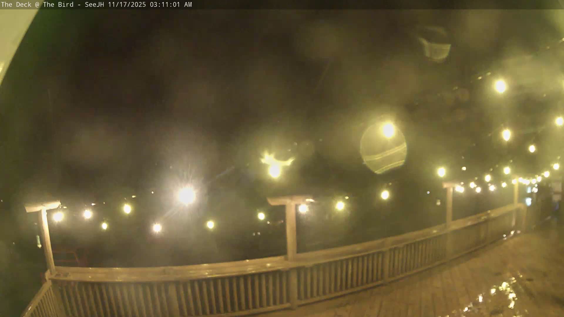 A wet wooden deck with a railing is illuminated by numerous glowing string lights on a dark and rainy night.