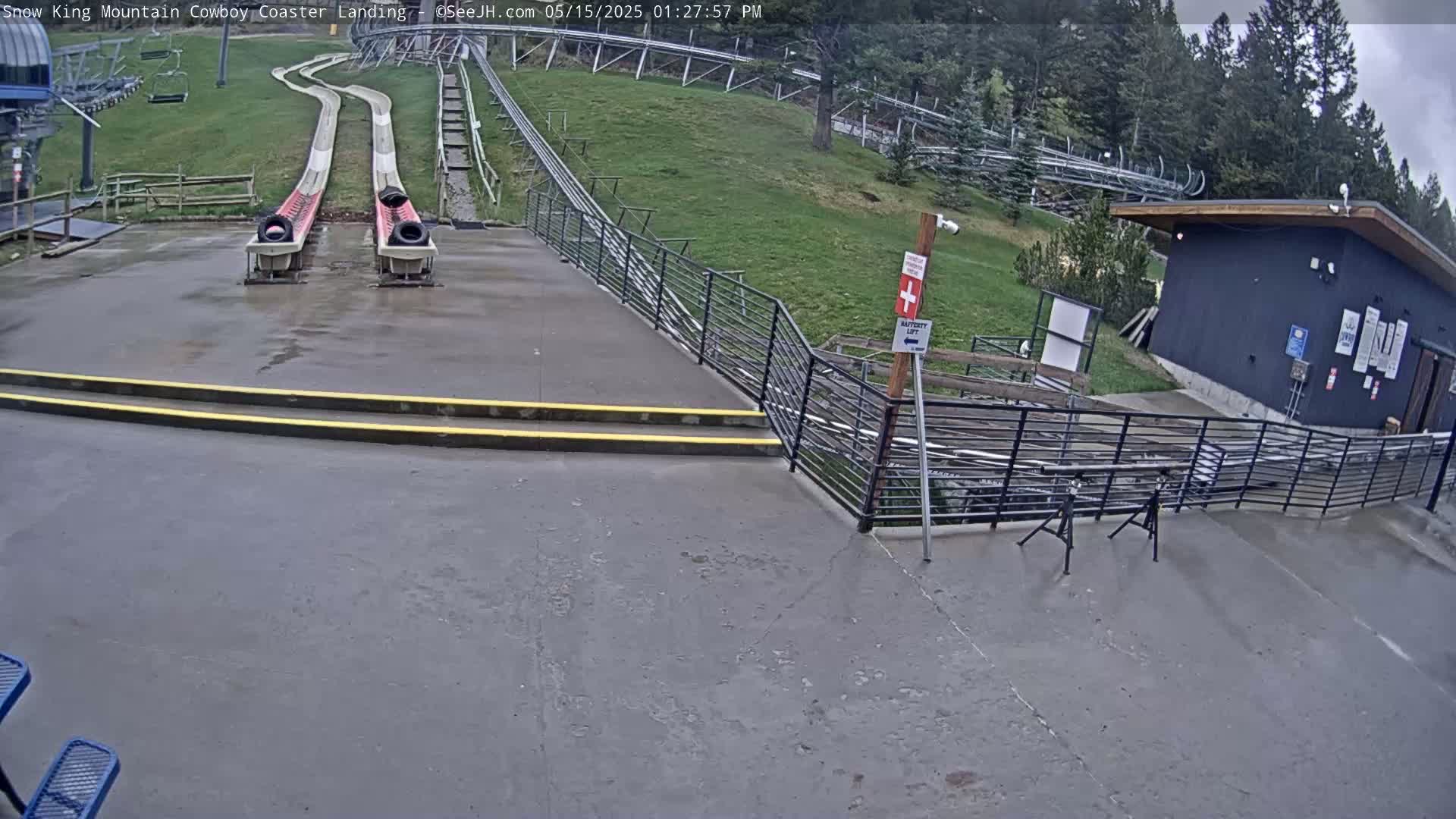 Two empty carts sit at the bottom of a dual-track alpine coaster, which ascends a grassy hill under an overcast sky.