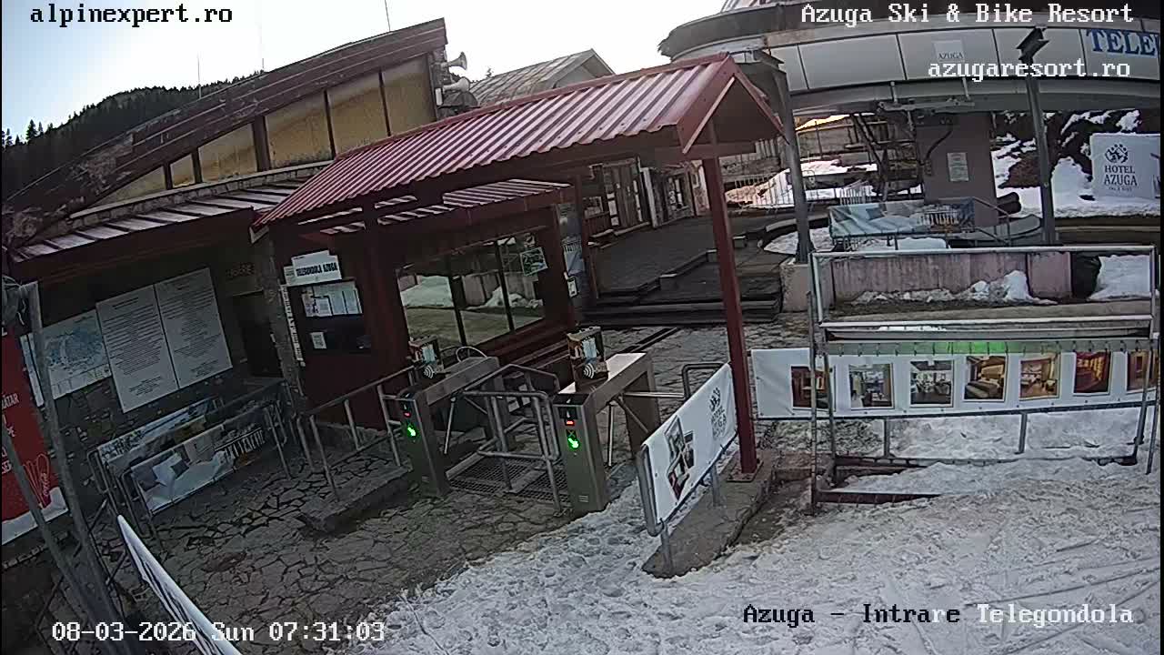 Prahova, Azuga Ski Center Telegondola Cable Car Lower Station Boarding Turnstile Area , Azuga Live Cam - Azuga, Prahova, Romania
