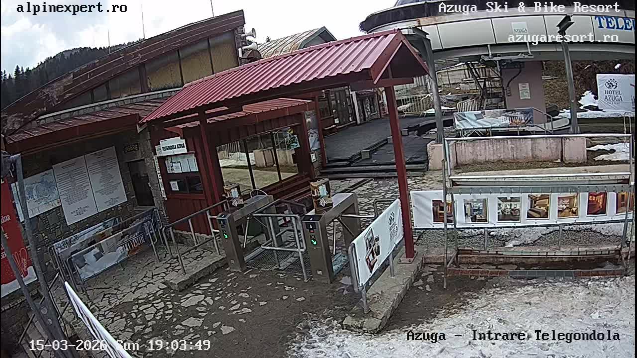 Prahova, Azuga Ski Center Telegondola Cable Car Lower Station Boarding Turnstile Area , Azuga Live Cam - Azuga, Prahova, Romania